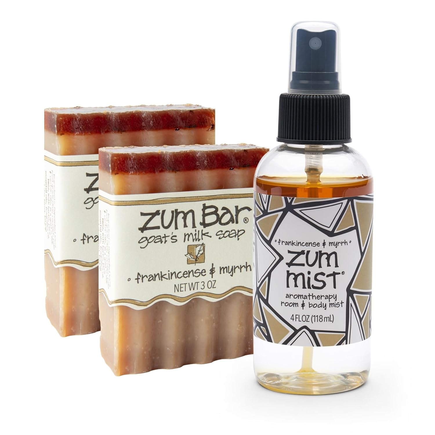 Indigo Wild Zum Bundle - Zum Bar Goat's Milk Soaps & Zum Mist - Soap Bars & Room & Body Spray - Perfect for Self-Care - Frankincense & Myrrh Scent - 2 Soap Bars (3 oz) & 1 Zum Mist (4 fl oz)