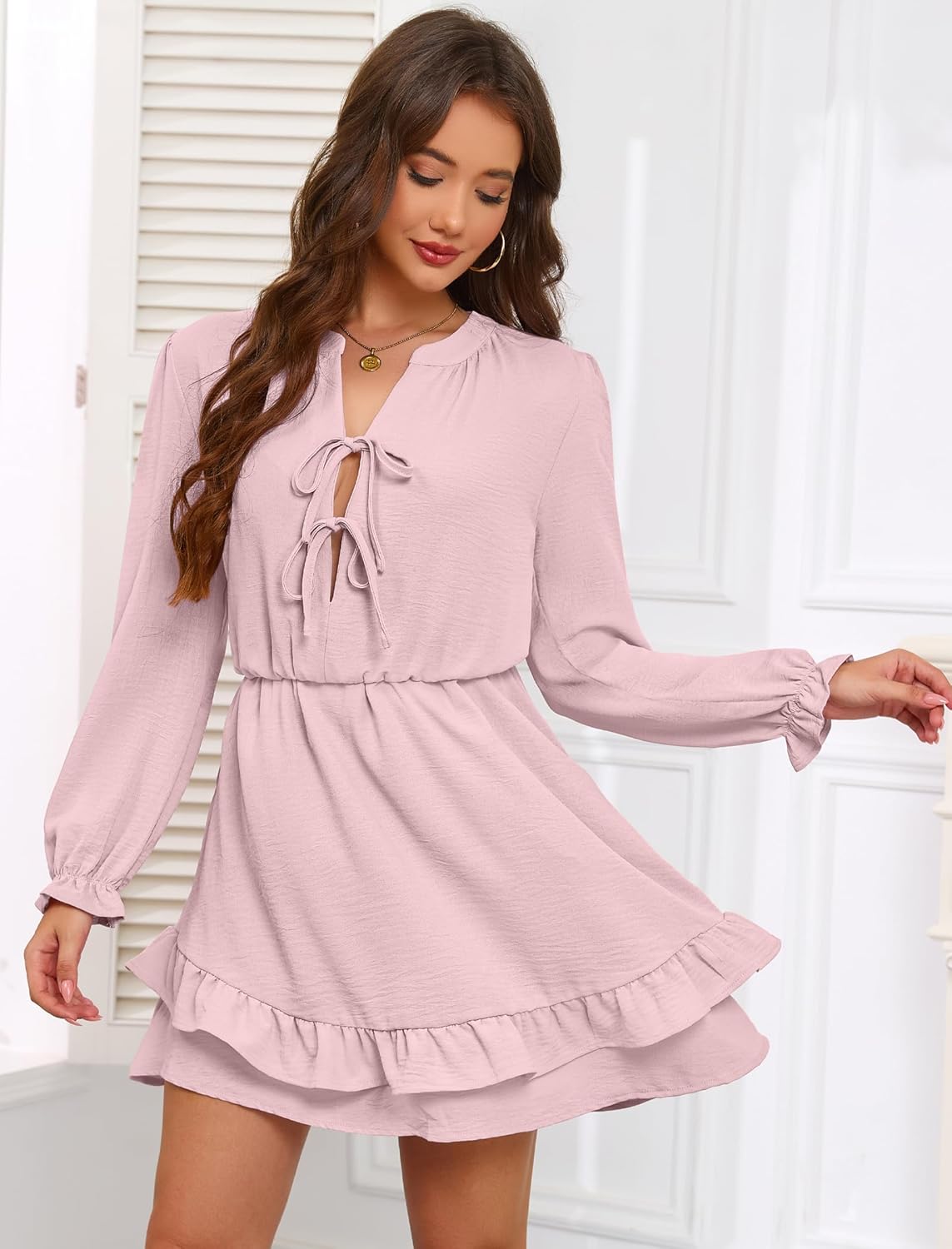 Angashion Womens Tie Front Mini Dress: V Neck Long Sleeve Layer Ruffle Hem Dress with Pockets