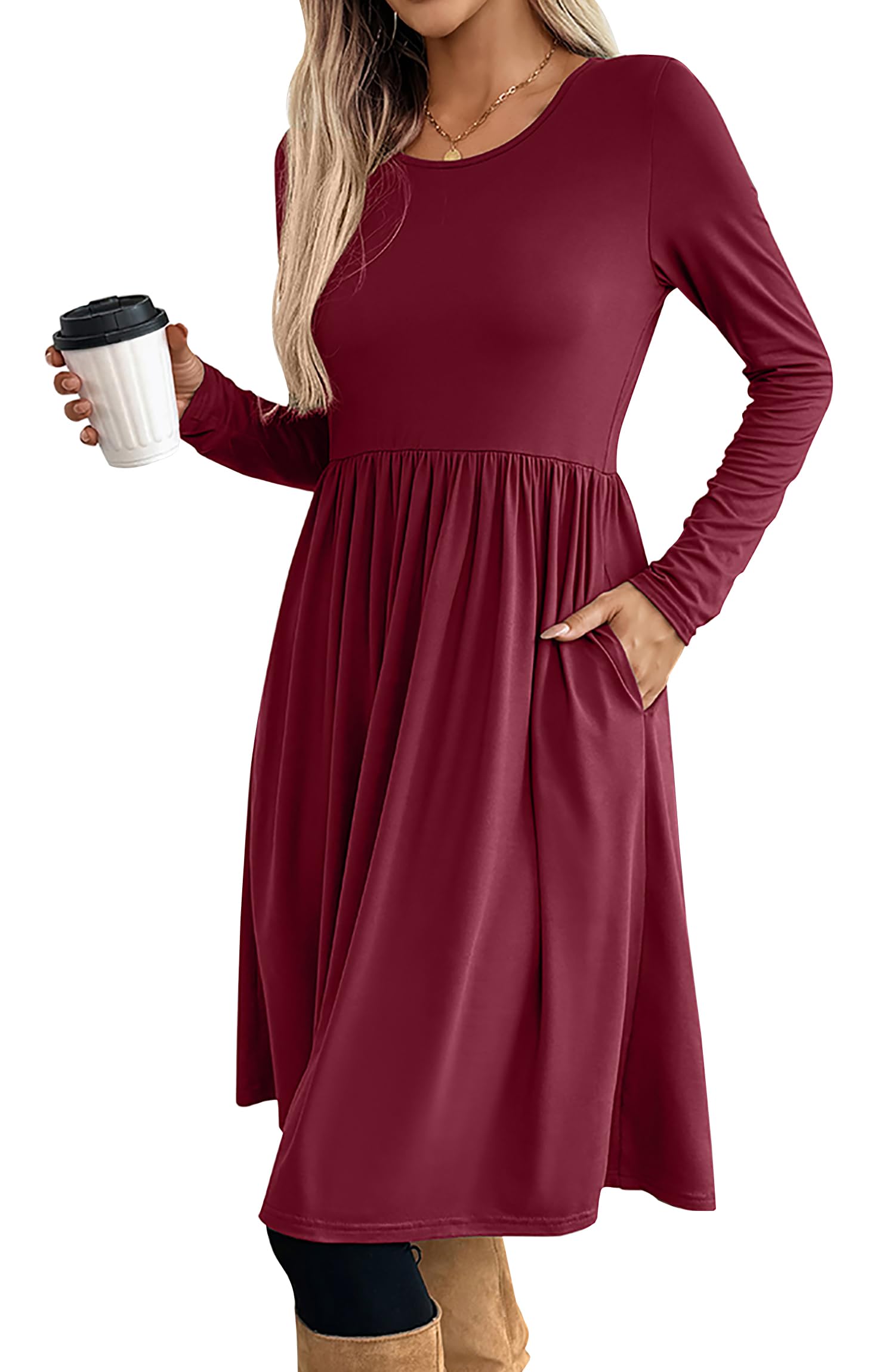 ONAYEYO Damen Herbst Elegant Rundkragen Langarm Knielang Kle