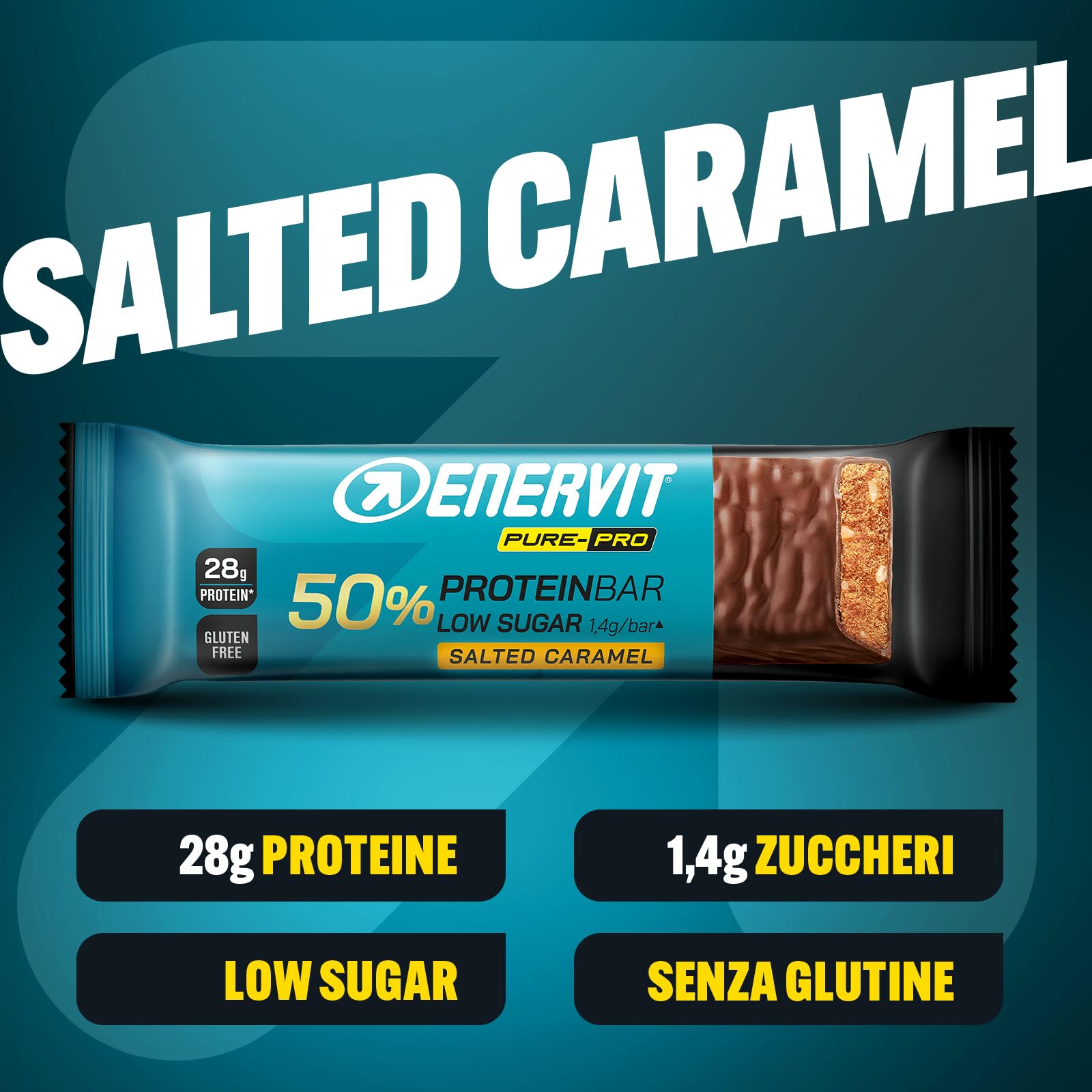 Enervit Pure-Pro Protein Bar 50% Salted Caramel, Barrette Proteiche Senza Zucchero e Senza Glutine, Snack Proteici con 28g Proteine, Post Workout intensi, Ripieno Gusto Caramello, 9 Barrette da 55g