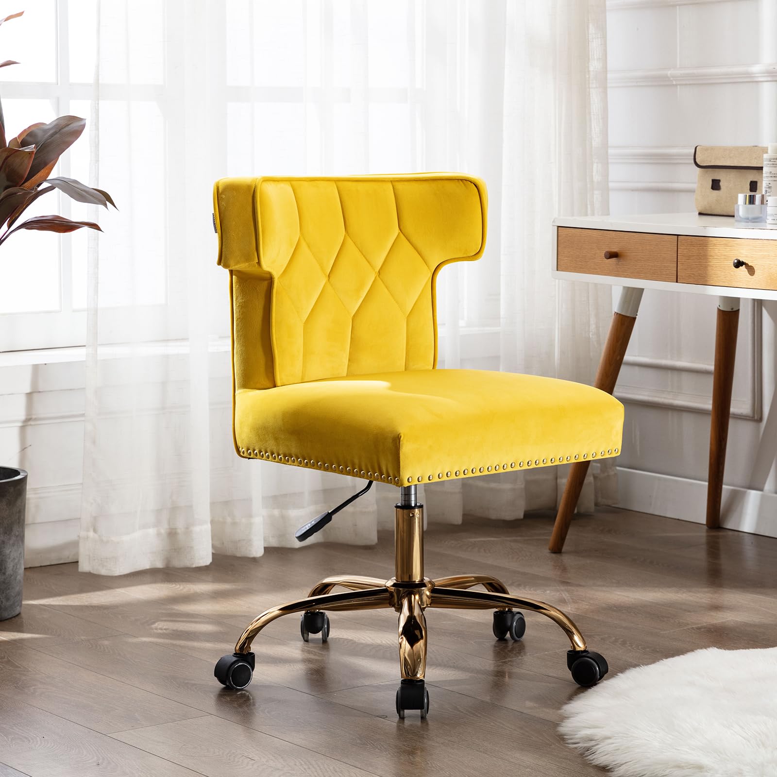 DKLGG Velvet Vanity Chair Armless Home Office Chair Adjustable Computer Task Chairs with Wheel Mid Back Gold Metal Base 360° Swivel Desk Chair for Small Space, Bed Room, Dorm