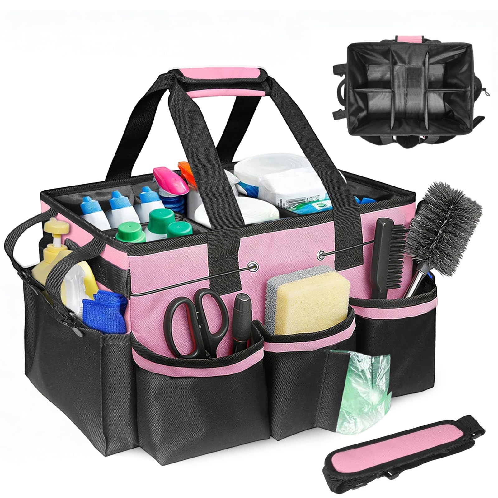 NCOALE Cleaning Caddy Bag, Cleaning Bag with Handle Adjustable Shoulder Strap Cleaners Caddy Large Multi Multiple Pockets for Housekeeper Car Detailing (37x26x22.5cm Pink)