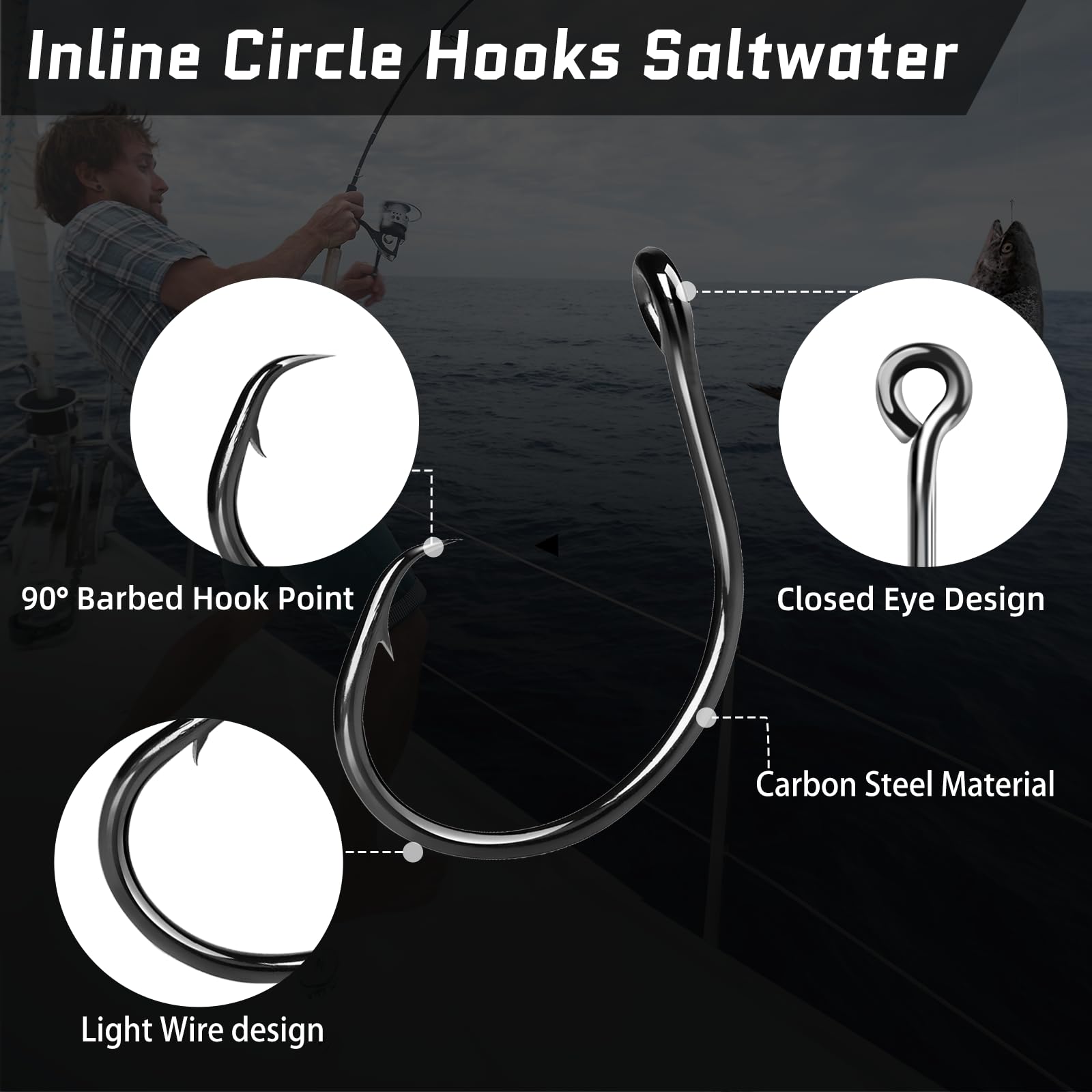 FishTrip Inline Circle Hooks Saltwater - Fishing Catfish Hooks 25pcs Black/Wide Gap/Non-Offset for Bass Salmon Striped Size 4#