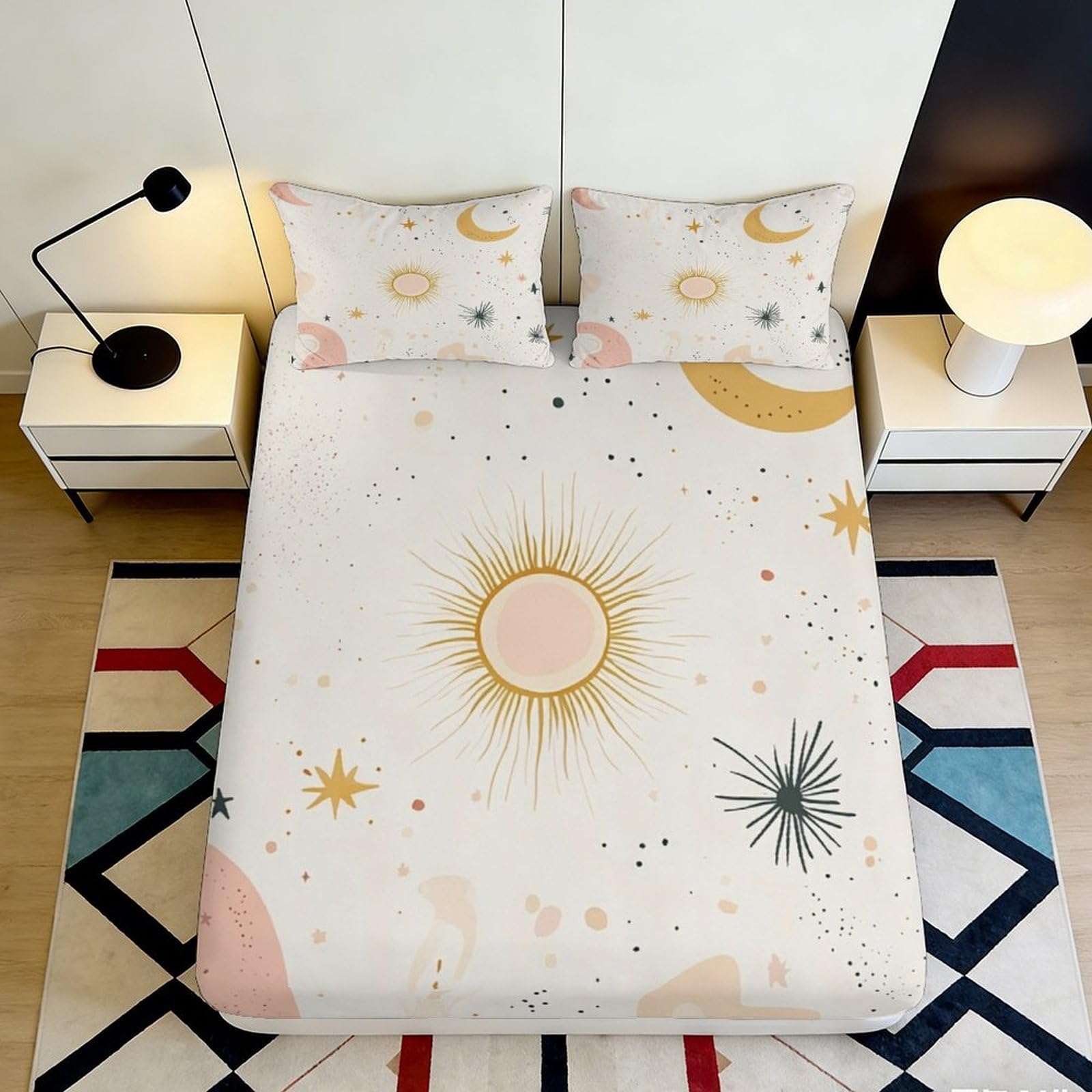 3D Printed Sun Moon Fitted Sheet Microfiber Soft Breathable Celestial Star Mattress Cover for Bedroom Dorm Mattress Protection Decor 120x200x25cm