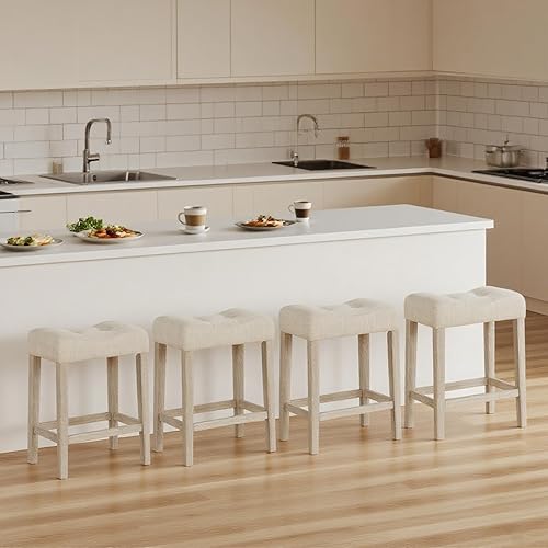 Miniatura 10 de ERGOMASTER Taburetes de bar, 24 pulgadas, modernos taburetes de sillín, madera de caucho, caqui/marrón, juego de 2 Caqui/Marrón,Beige claro/madera