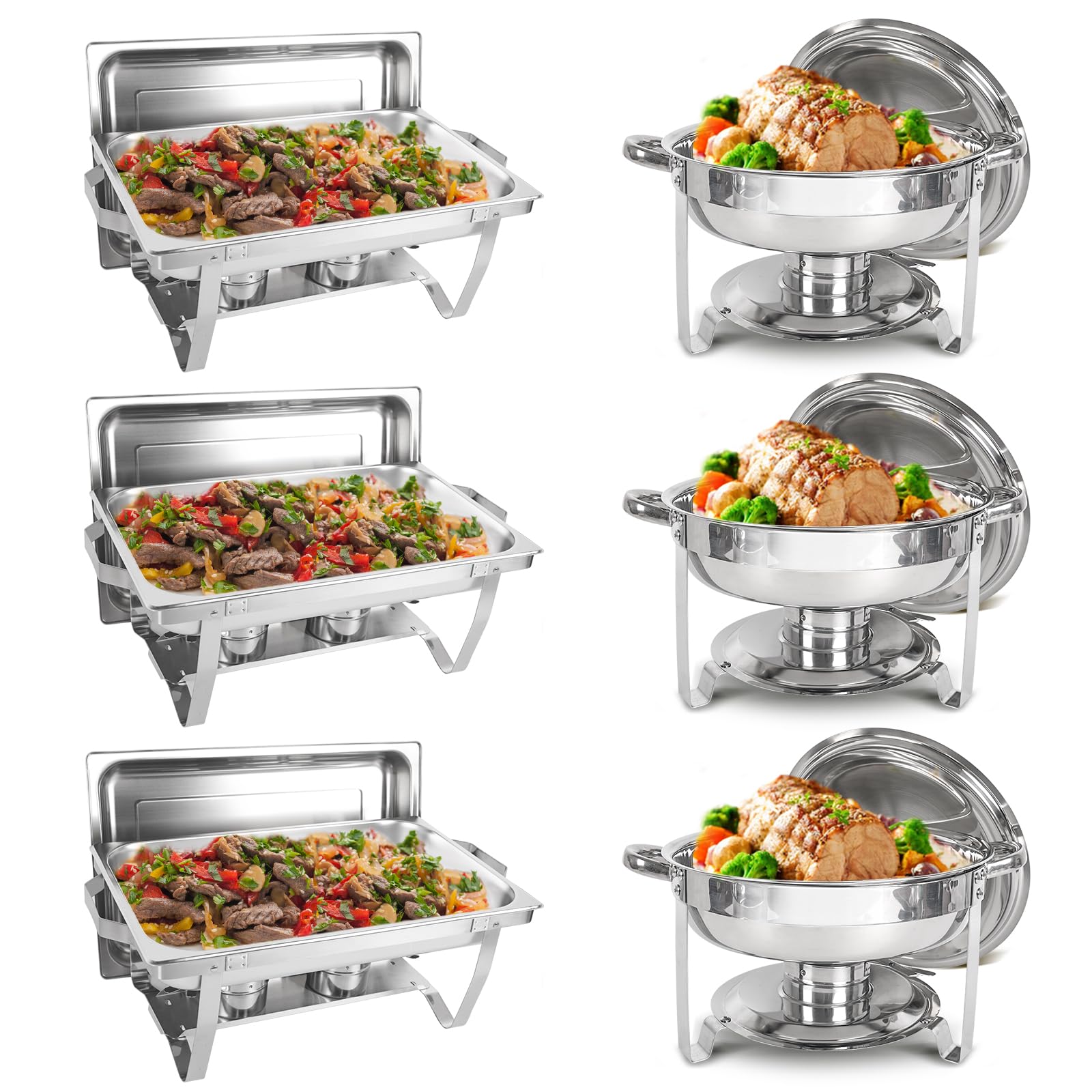 IMACONE Chafing Dish Buffet Set 6 Packs, 5QT Round& 8QT Rectangle Stainless Steel Chafer for Catering, Chafers and Buffet Warmer Sets w/Food & Water Pan, Lid, Fuel Holder for Event Party Holiday