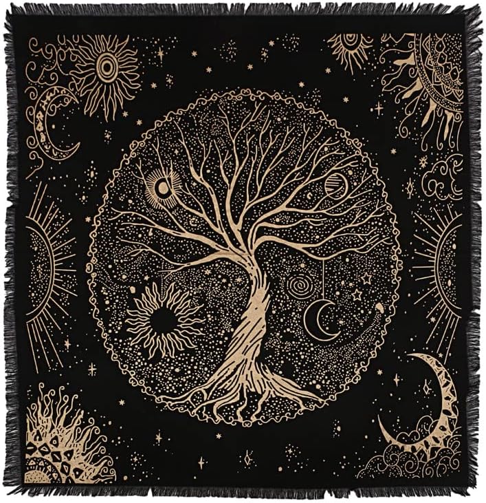 THE ART BOX Altar Cloth Tarot Cards Table Napkins Witchcraft Supplies Black Gold Tablecloth Square Alter Pagan Spiritual Celestial Deck Cloth With Fringes Tree of Life 24X24 Inches