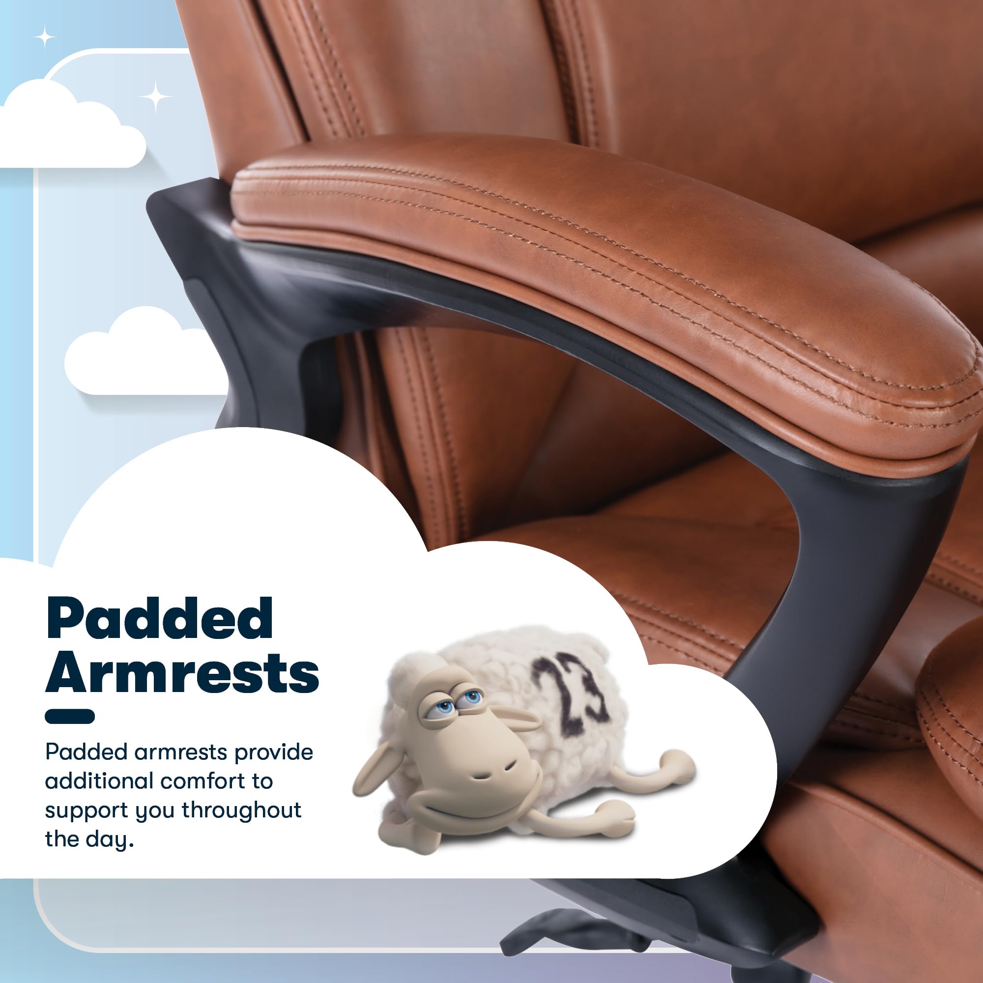 Serta Fairbanks Big & Tall Executive Office Chair, Ergonomic Comfy High-Back ComputerChairs with Lumbar Support, Semi-Plush Seat Cushion, Padded Armrests, Nylon Swivel Base, Bonded Leather, Cognac