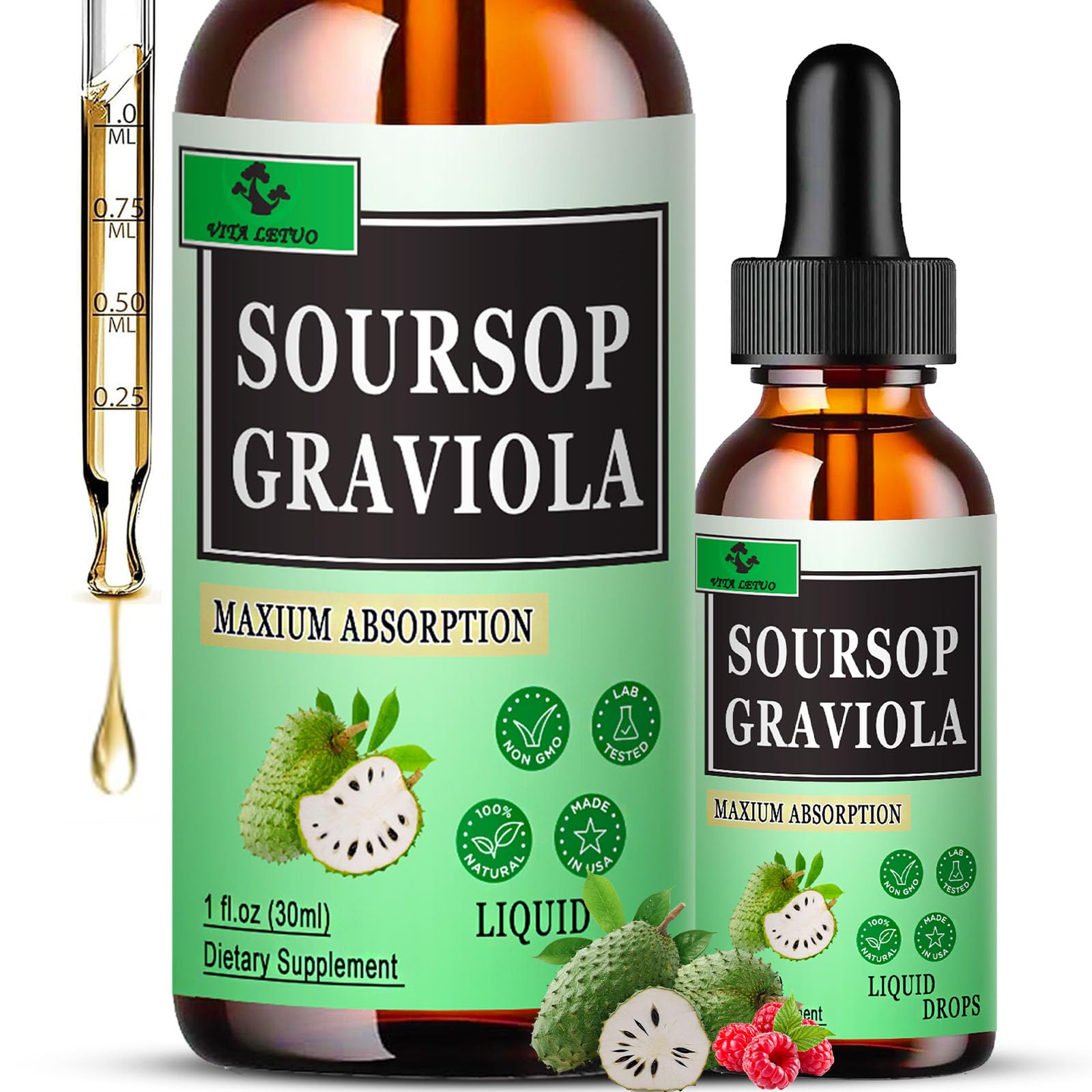 Soursop Leaves 1500mg Soursop Fruit 500mg - Soursop Liquid Drops for Cell Support for Women & Men - Soursop Bitters Liquid for Immune Support & Digestive Health - Soursop Graviola Complex Supplements