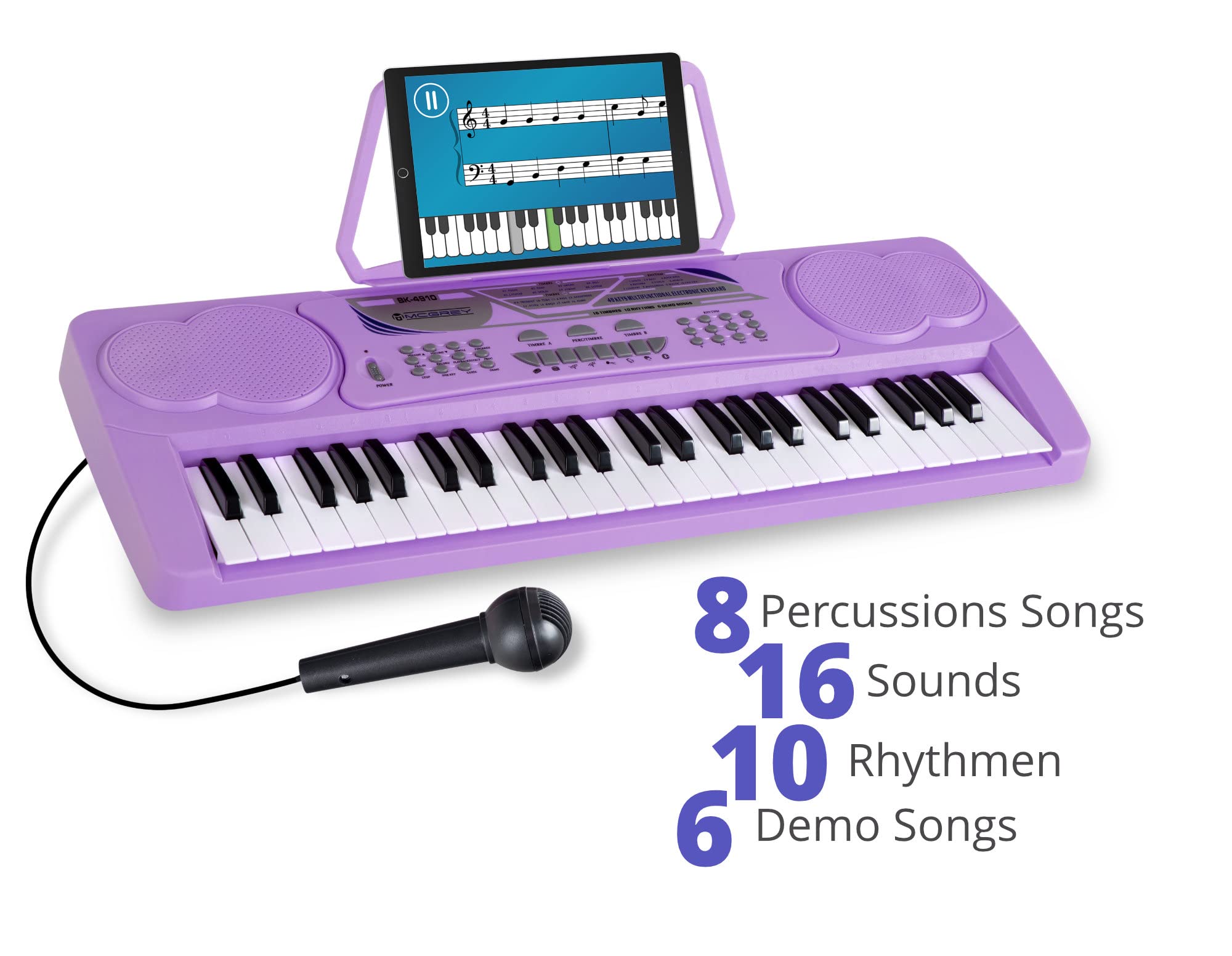 McGrey BK-4910VT Keyboard - Einsteiger-Keyboard 49 Tasten - mit 16 Sounds & 10 Rhythmen - 8 Percussion-Sounds & 6 Demo-Songs - Mikrofon & Notenhalter - Lila