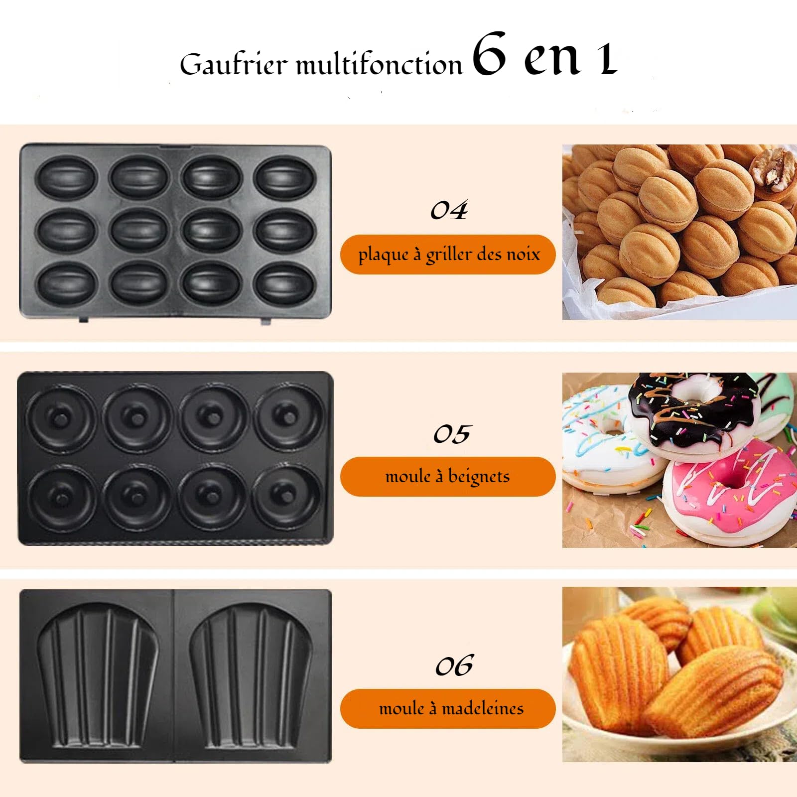 OKYUK Gaufrier, Gauffrier multifonctions 750W avec 6 plaques de gril antiadhésives amovibles, machine a panini répondant à différents besoins de petit-déjeuner