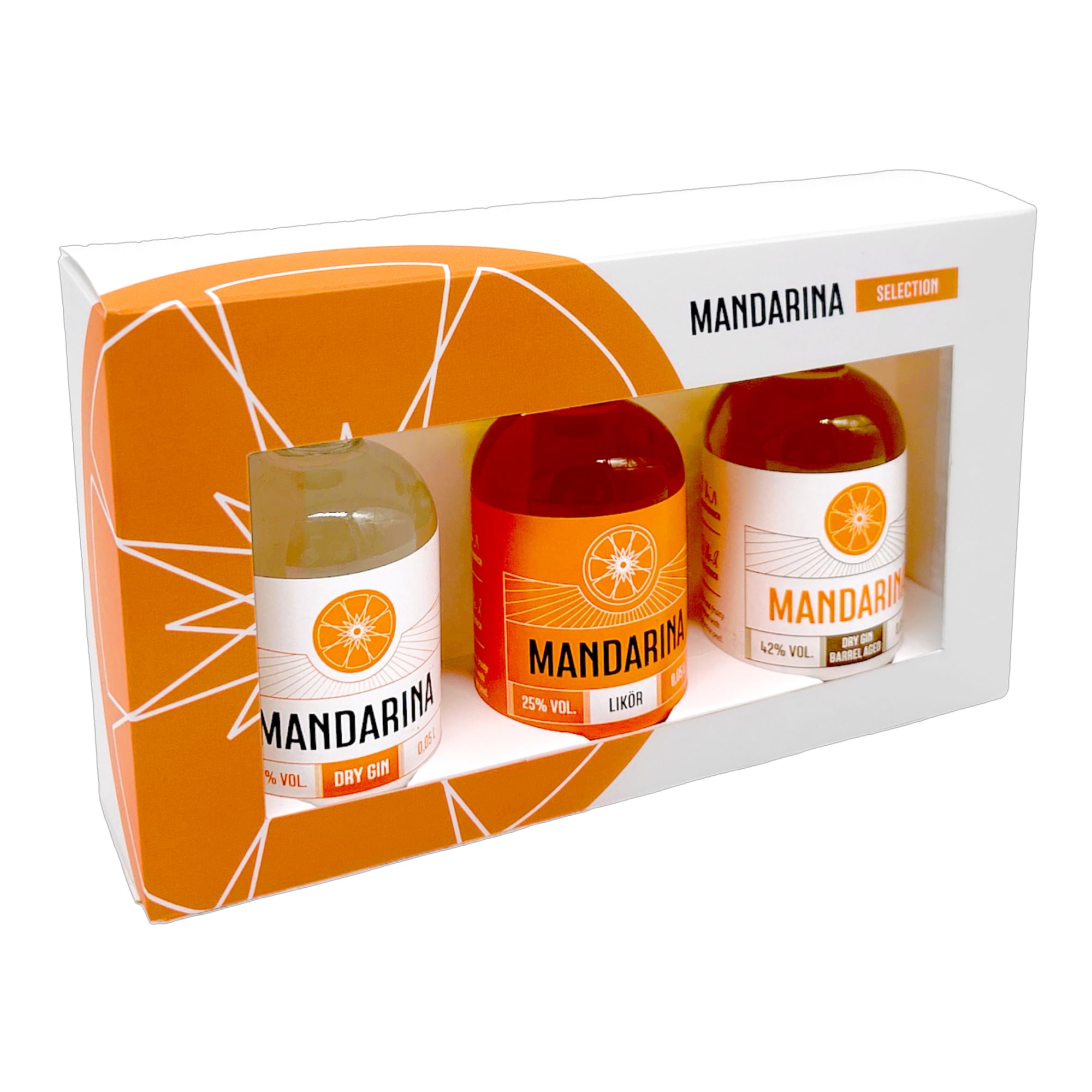Mandarina Tasting-Set 3 x 5cl - Geschenkbox - Dry Gin 41% vol, Likör 25% vol, Barrel Aged Gin 42% vol - mit 11 Botanicals wie Mandarine, Orange...