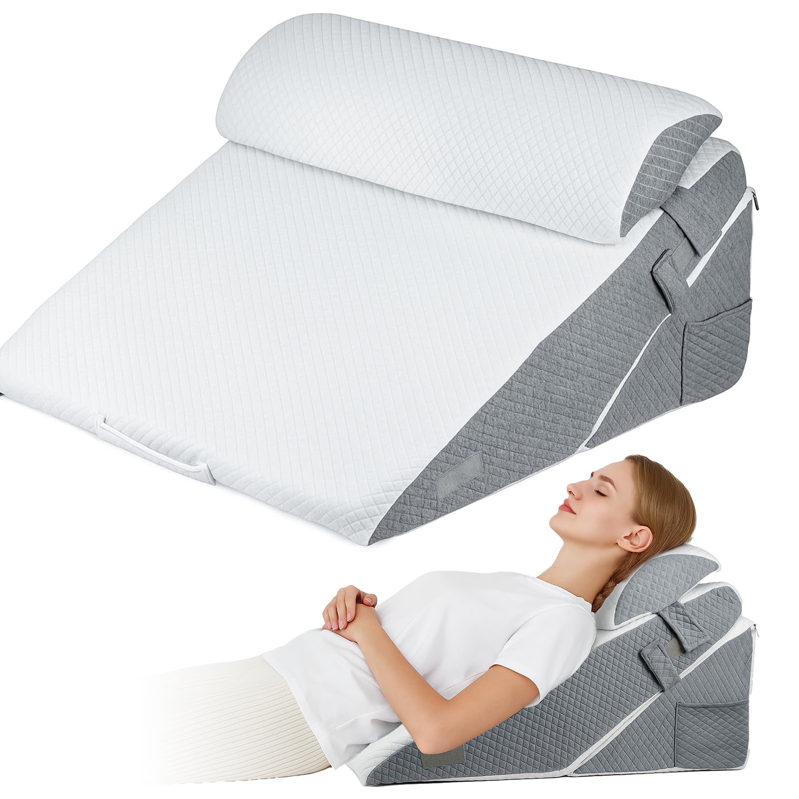 Greenwhim White Bed Wedge Pillow – 12-In-1 Memory Foam Sleeping Support Cushion With Headrest, Adjustable Incline For Acid Reflux, Gerd, Snoring, Back & Leg Pain Relief, Washable Cover