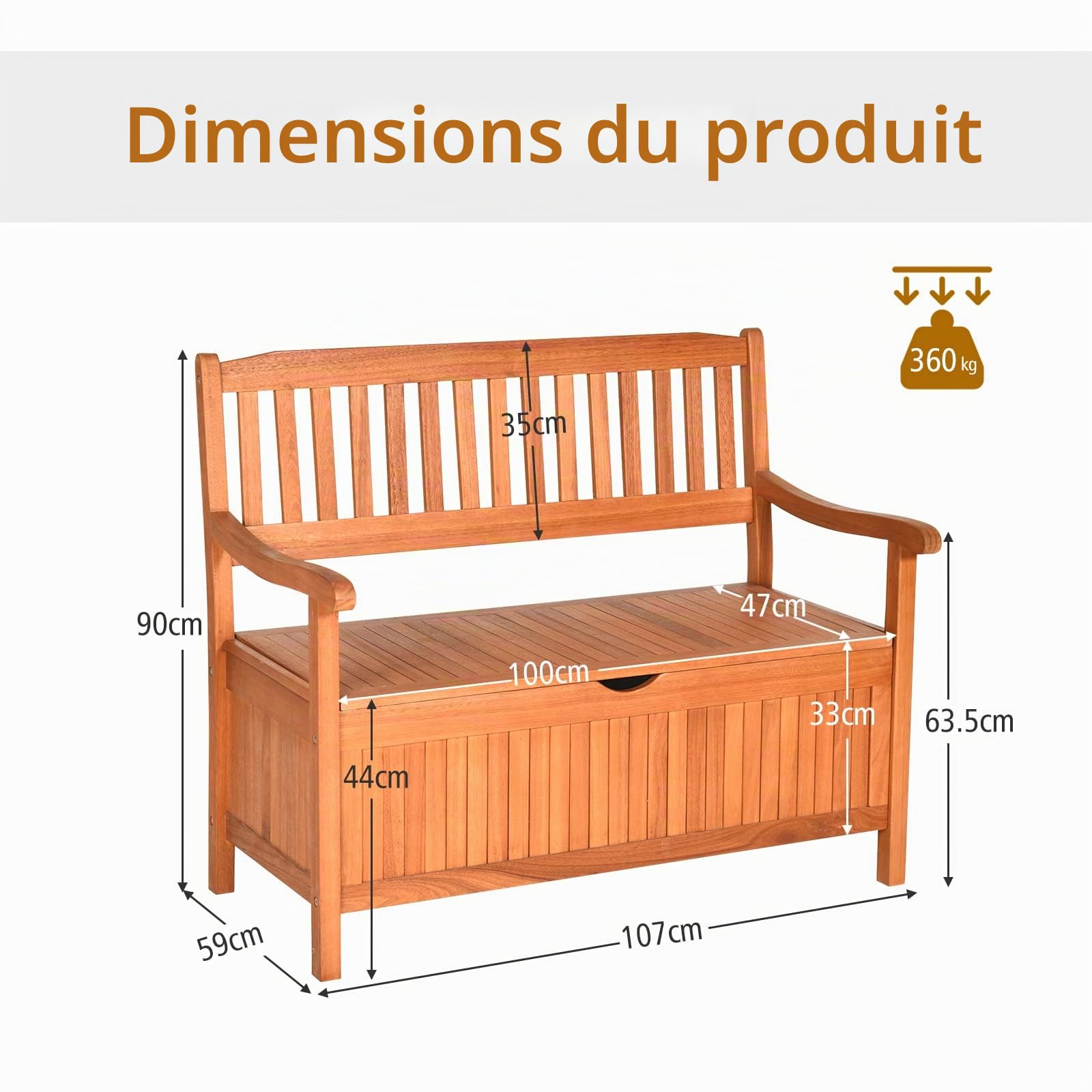 RELAX4LIFE Banc de Jardin en Bois d'Acacia Massif avec Rangement, Banc Bois Extérieur avec Dossier & Accoudoirs, Coffre de Jardin avec Sac Anti-Poussière, Capacité 360 KG, pour Extérieur/Intérieur