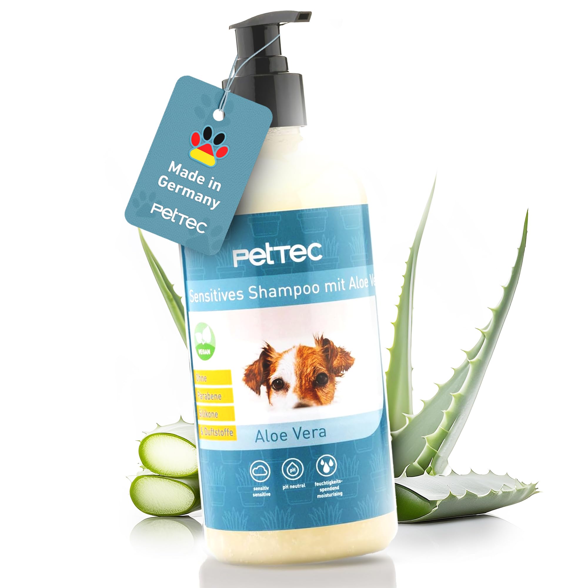 PetTec - Szampon dla psów wrażliwy z aloesem 500 ml butelka z pompką - neutralny pH (7) i natłuszczający szampon dla wszystkich ras psów - pielęgnacja sierści psa bez parabenów, silikonu i substancji