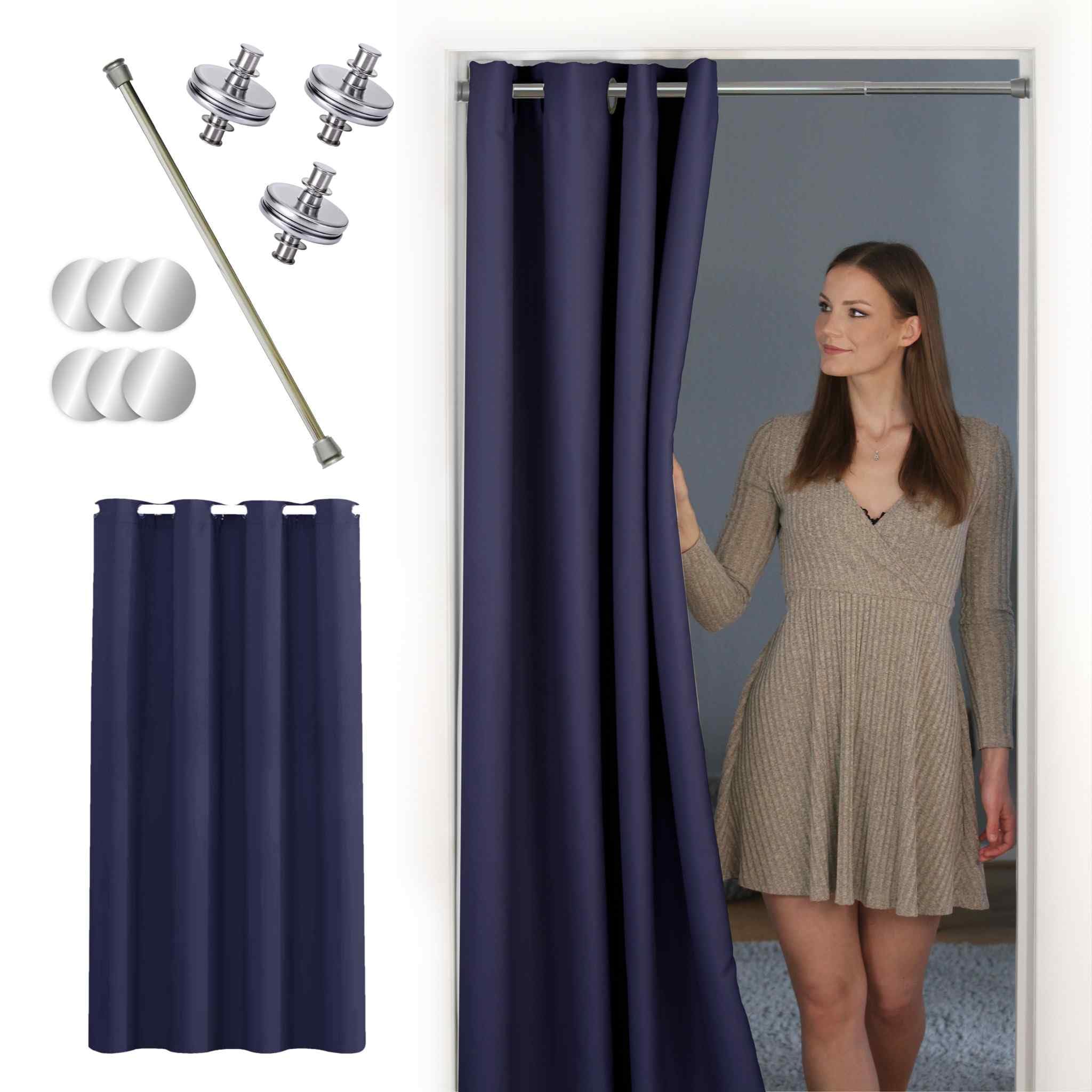 tinycurtains Türvorhang mit Vorhangstange & Magneten zum Abdichten, einfache Montage in nur 1 Minute ohne Bohren mit Silber Stange + 6 Magnete