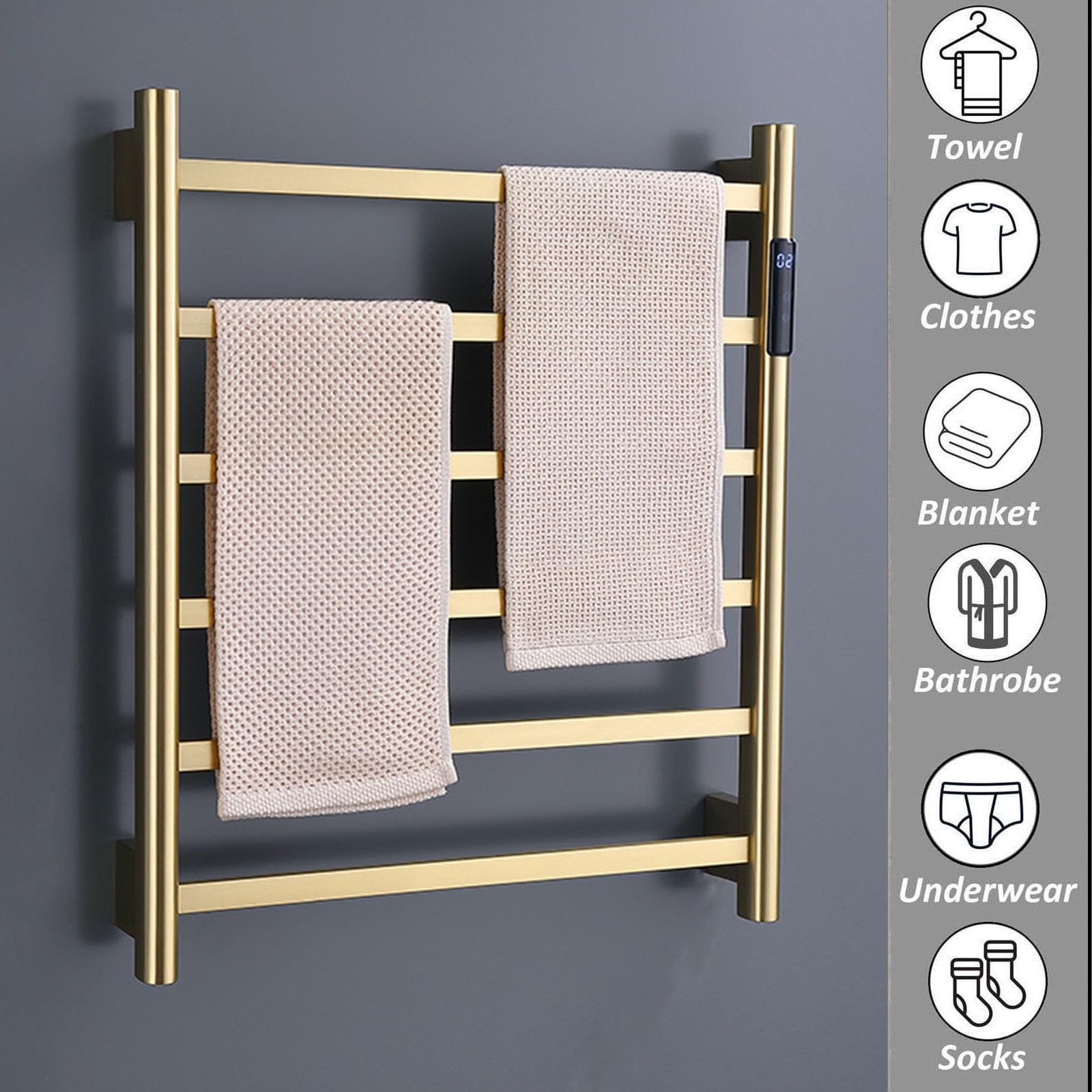 Toallero termostático de Acero Inoxidable Cepillado con Alambre Izquierdo, Barra de Toalla calefactable de Pared, toallero eléctrico para radiador de baño.