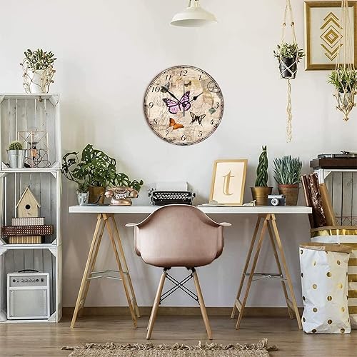 Miniatura 6 de Reloj de pared de madera, estilo vintage, mariposas florales, silencioso, funciona con pilas, reloj de pared redondo de estilo antiguo y elegante,
