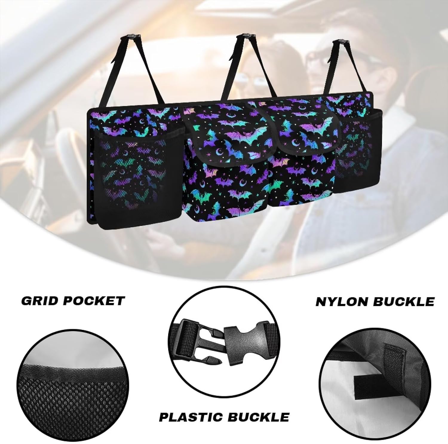 Hanging Car Trunk Organizer Halloween Bats Moon Car Back Seat Storage Bag Auto Cargo Bag Collapsible Auto Interior Accessories for Sedans SUV Jeep Trucks MPV Van