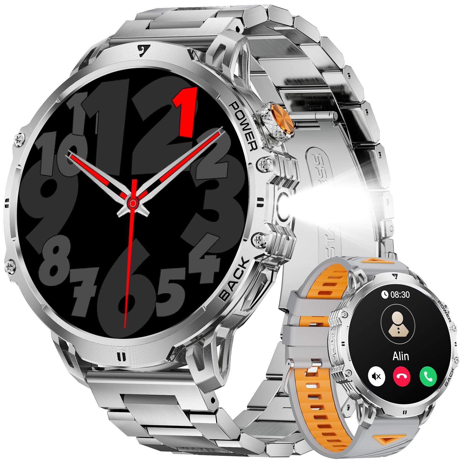 LIGE Montre Connectée Homme avec 1000mAh/1,85'' HD Grand Écran/LED Lampe,Smartwatch Homme avec Moniteur de Fréquence Cardiaque et Sommeil/110+ Modes Sportifs,IP68 Étanche Android iOS,Argenté