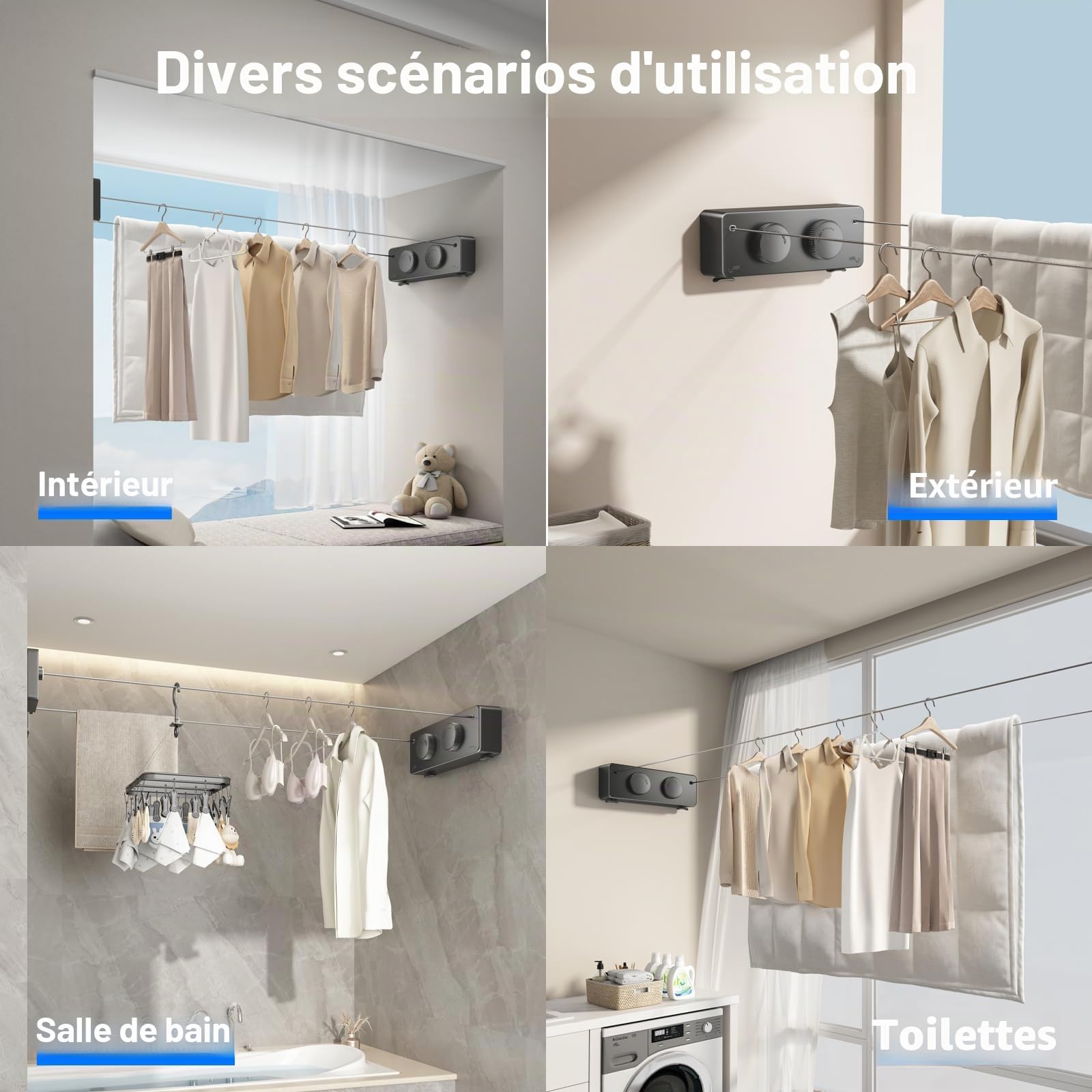 MUSTORN Fil Double Linge Extérieur Retractable Support Mural, Extensible Corde A Linge Retractable Interieur Etendoir Linge Exterieur Etendoir Mural Exterieur Sechoir Mural Interieur 4.2m(Noir)