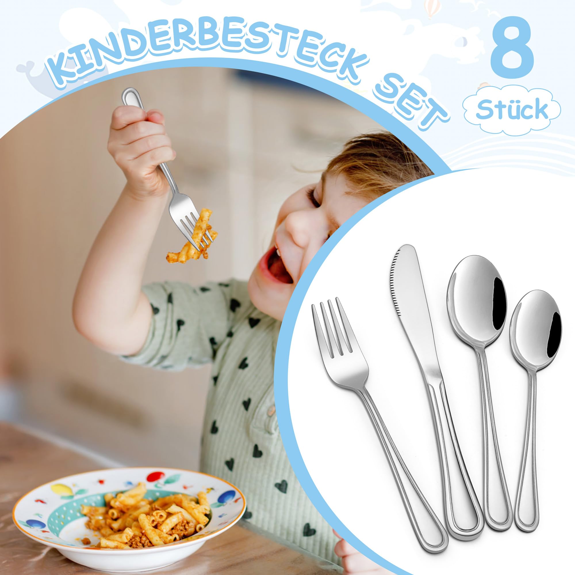Joyfair - Set di posate per bambini, in acciaio inox, set di 8 posate per bambini, per ragazzi/ragazze, cucchiaio/coltello/forchetta a partire dai 3 anni, atossico e sano, lavabile in lavastoviglie