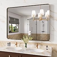 Vista 65 de Espejo de baño negro de 20x30 pulgadas con marco de metal negro, espejo de tocador rectangular redondeado con acabado mate para pared, con vidrio