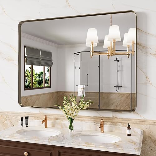 Miniatura 230 de Espejo de baño dorado, 48 x 30 pulgadas, espejo de marco de metal dorado cepillado para pared, espejo rectangular redondeado de tocador de baño