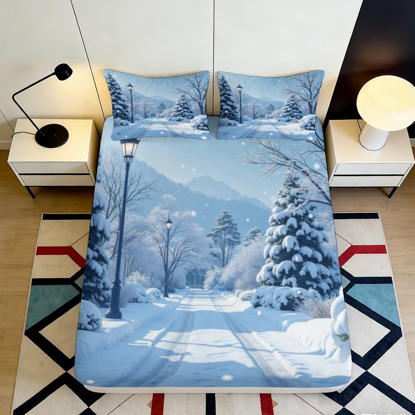 3D Printed Winter Snow Scene Fitted Sheet Microfiber Soft Breathable Snowy Road Mattress Cover for Bedroom Dormitory Guest Room Protection Decor 120x200x25cm