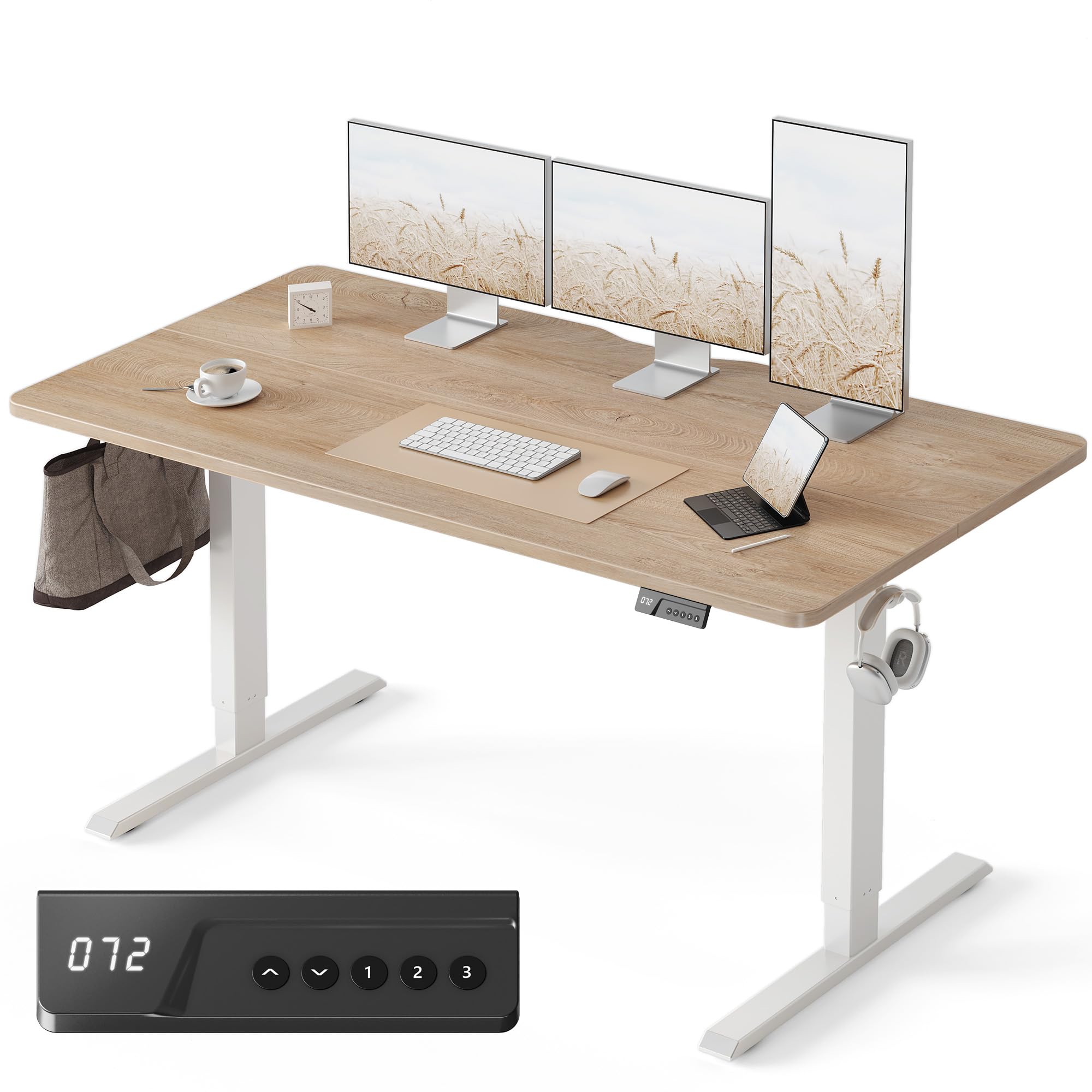 FEZIBO Standing Desk, 63×28 Inches Electric Height Adjustable, Sit Stand Up Table, Computer Office Desk with Splice Board, While Frame/Maple TOP