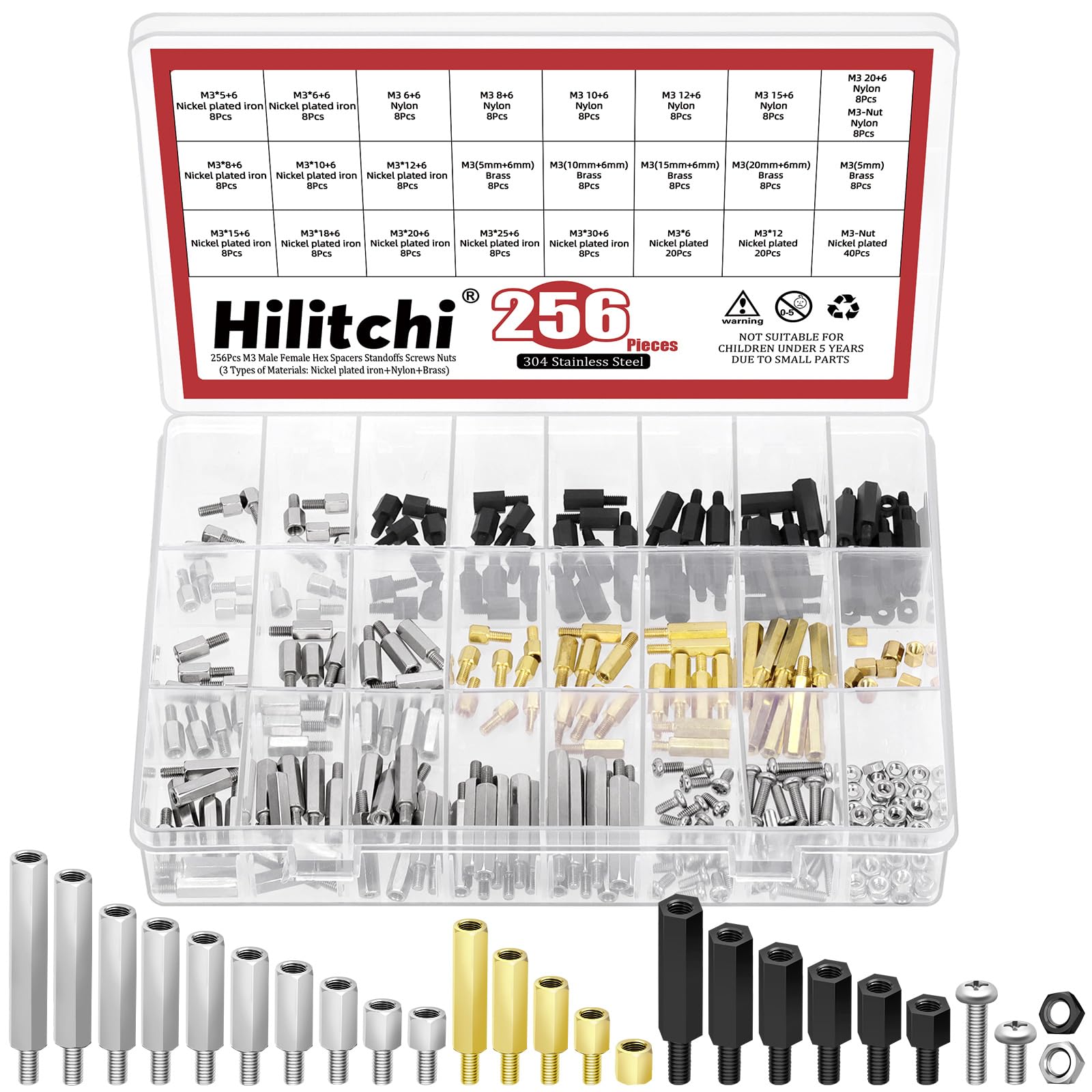 Hilitchi 256Pcs M3 Hex Spacer Standoffs Screws Nuts Kit, Male-Female Threaded Pillar Screw Nut Kit Nylon Zinc Brass Plated Hex Spacers Standoffs