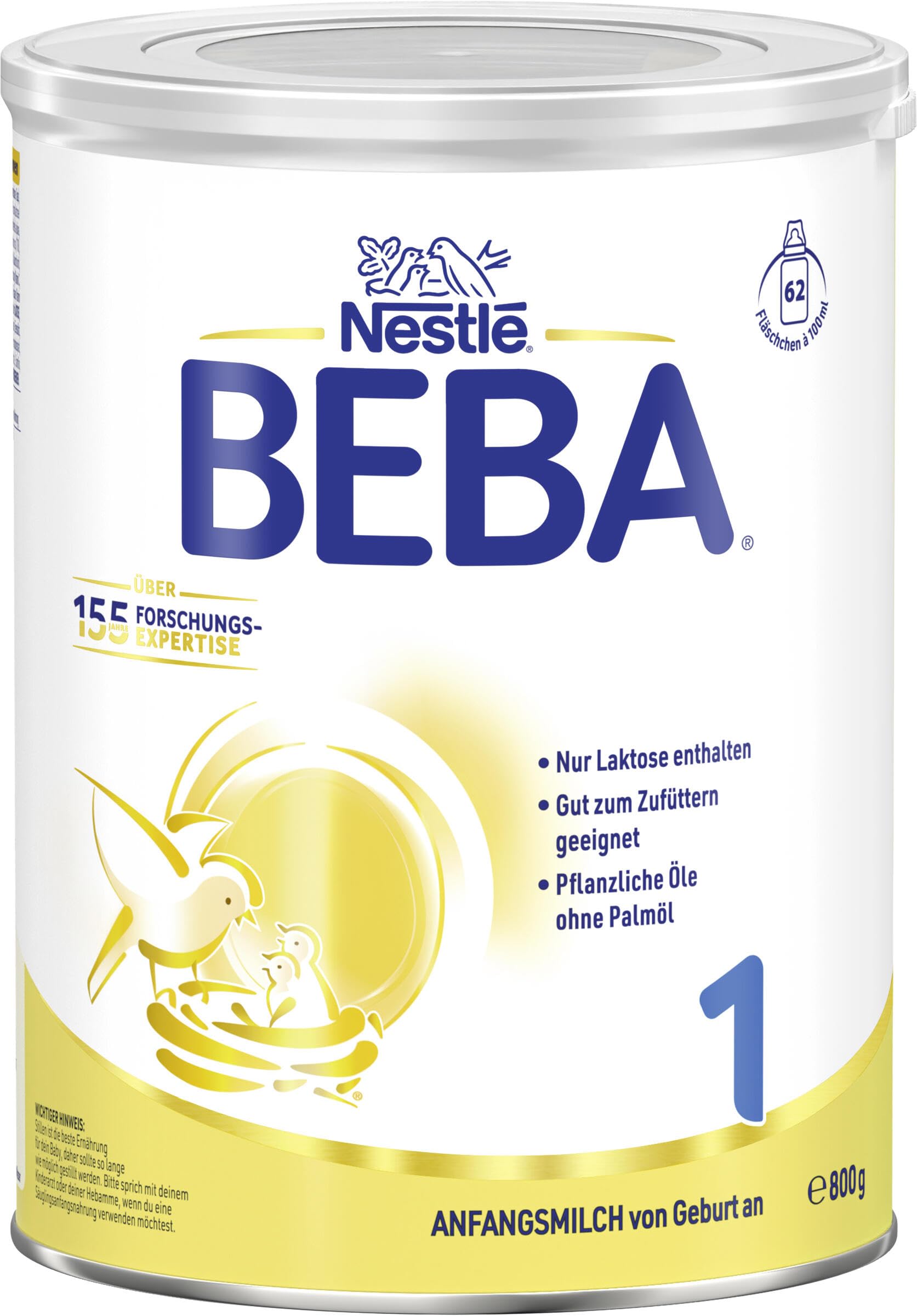 BEBA 1 - Anfangsmilch von Geburt an, Nur Laktose, Ohne Palmöl, Ohne Fischöl, Babynahrung, Baby-Milchpulver, 6er Pack (6 x 800g)