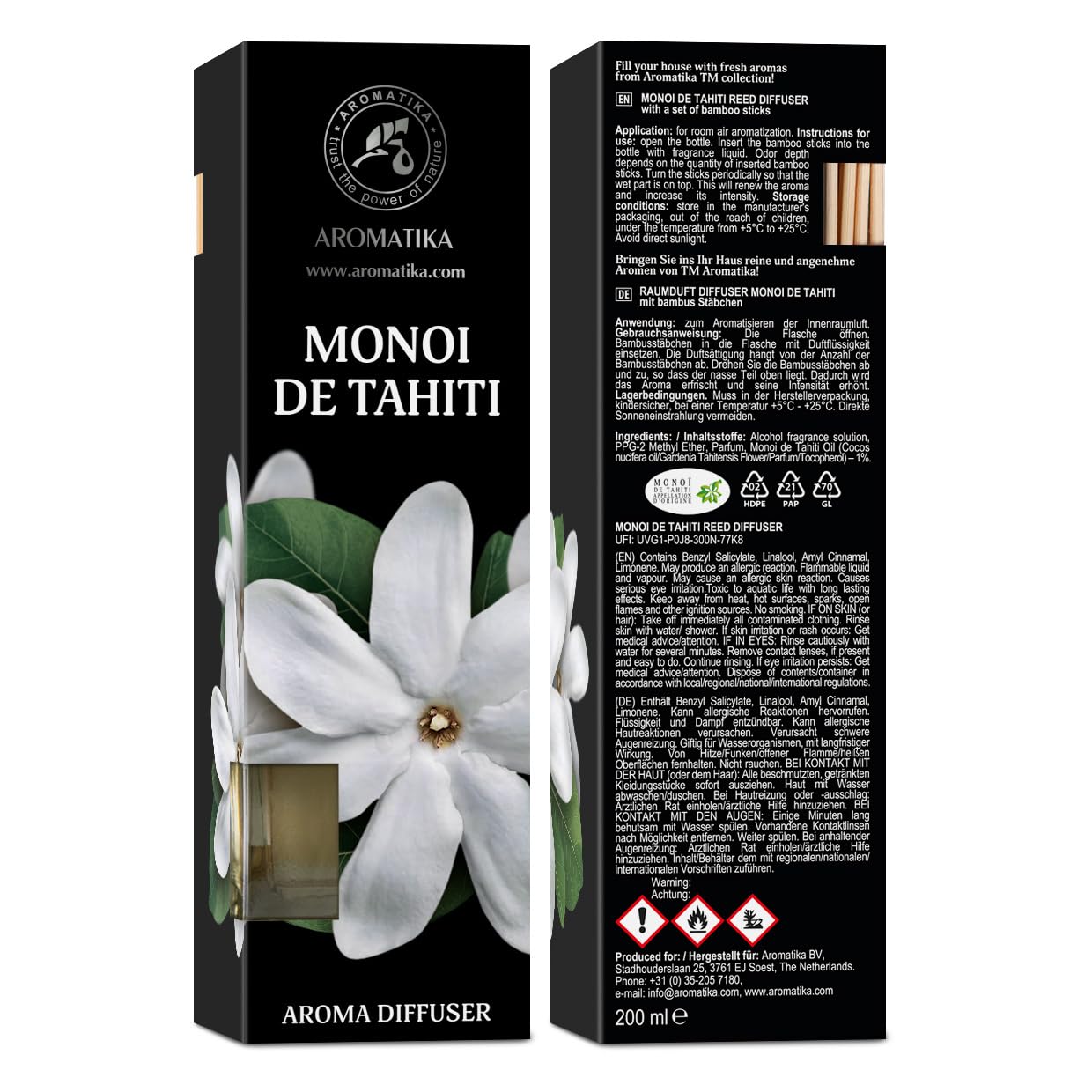 Monoi de Tahiti Aroma Diffuser 200ml - Reed Diffuser - Room Fragrance - Home Fragrance - Air Freshener - Monoi de Tahiti Scented Diffuser - Gift Idea - Tiare Odor