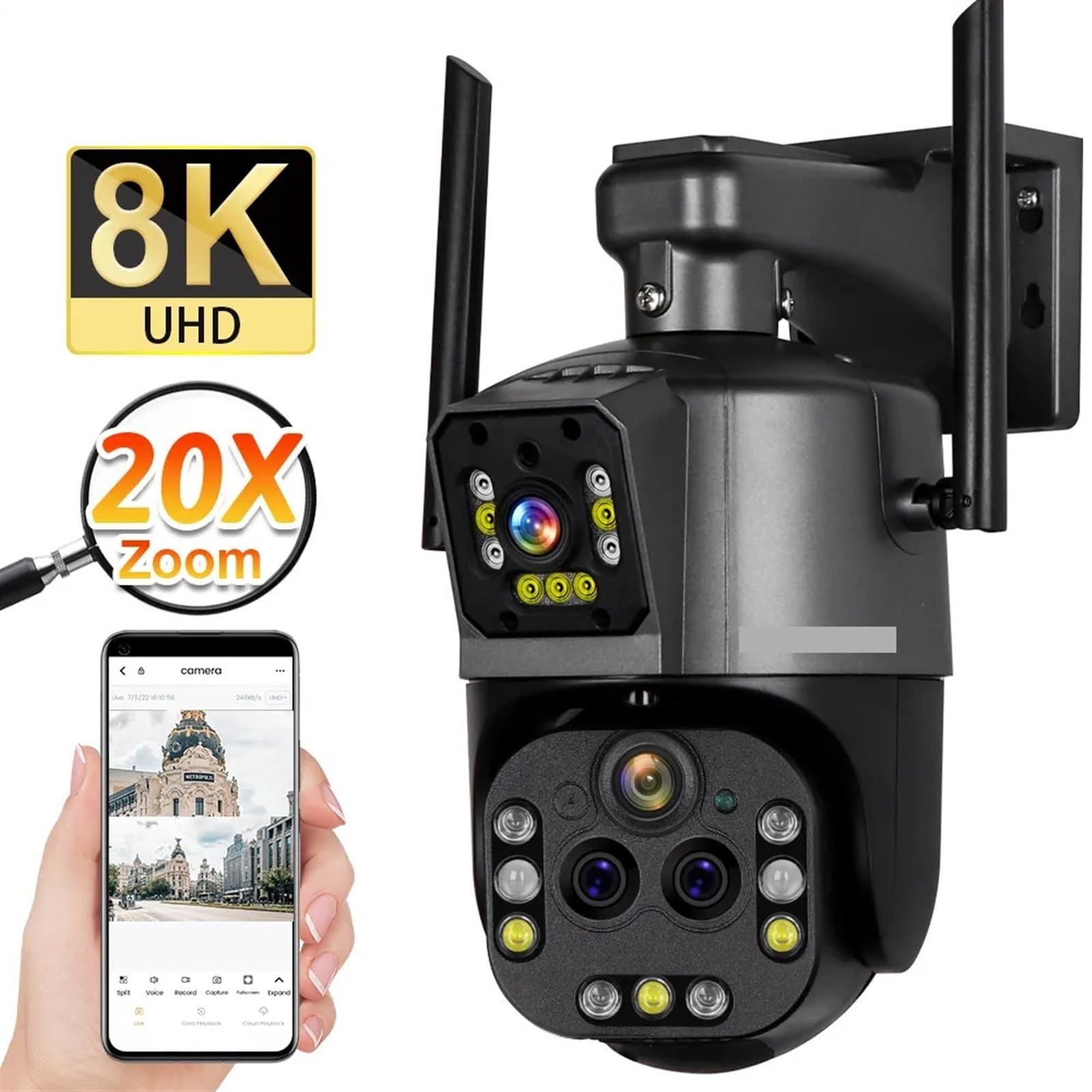 Kamera bezpieczeństwa, Kamera 8K na zewnątrz 20X Zoom cztery obiektywy podwójny ekran kamera bezpieczeństwa PTZ Monitor CCTV automatyczne śledzenie monitorująca(4K No Zoom Add 32G)