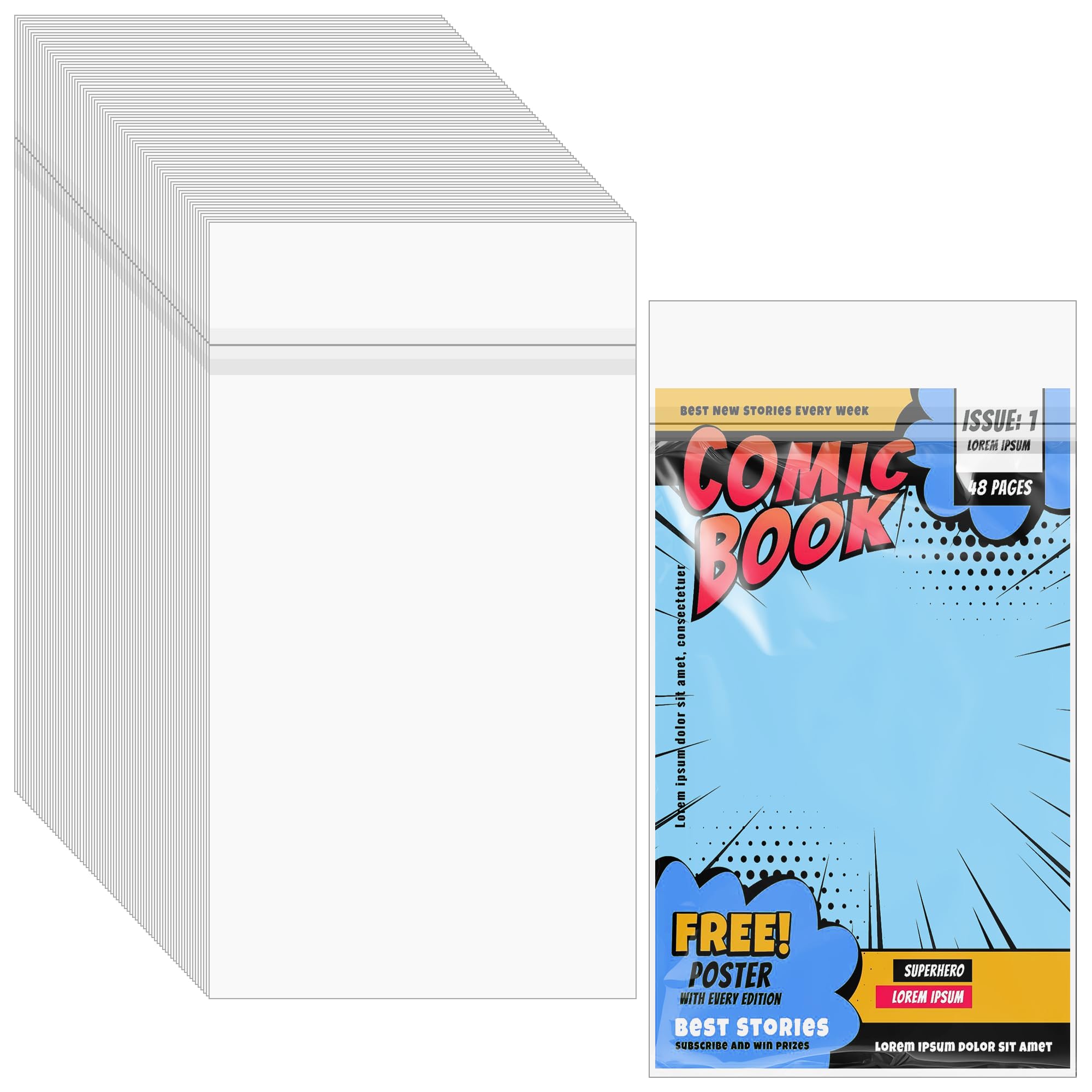 80 PCS Resealable Current Size Comic Book Bags,Thick Clear Plastic Sleeves for Current Comic Collection Storage Protection,6.97x10.5 inch
