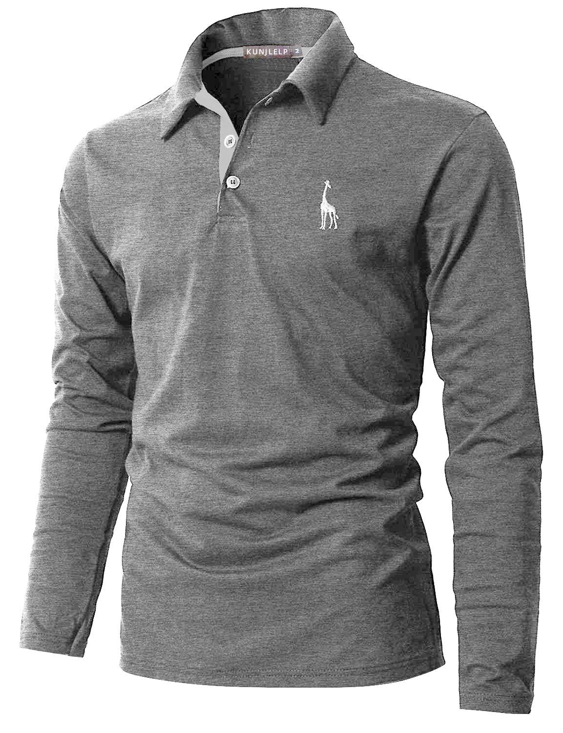 KUNJLELP 100% Cotone Polo da Uomo Manica Lunga Ricamo di Giraffa Maglietta Uniformi Polo da Lavoro per l'autunno e l'inverno
