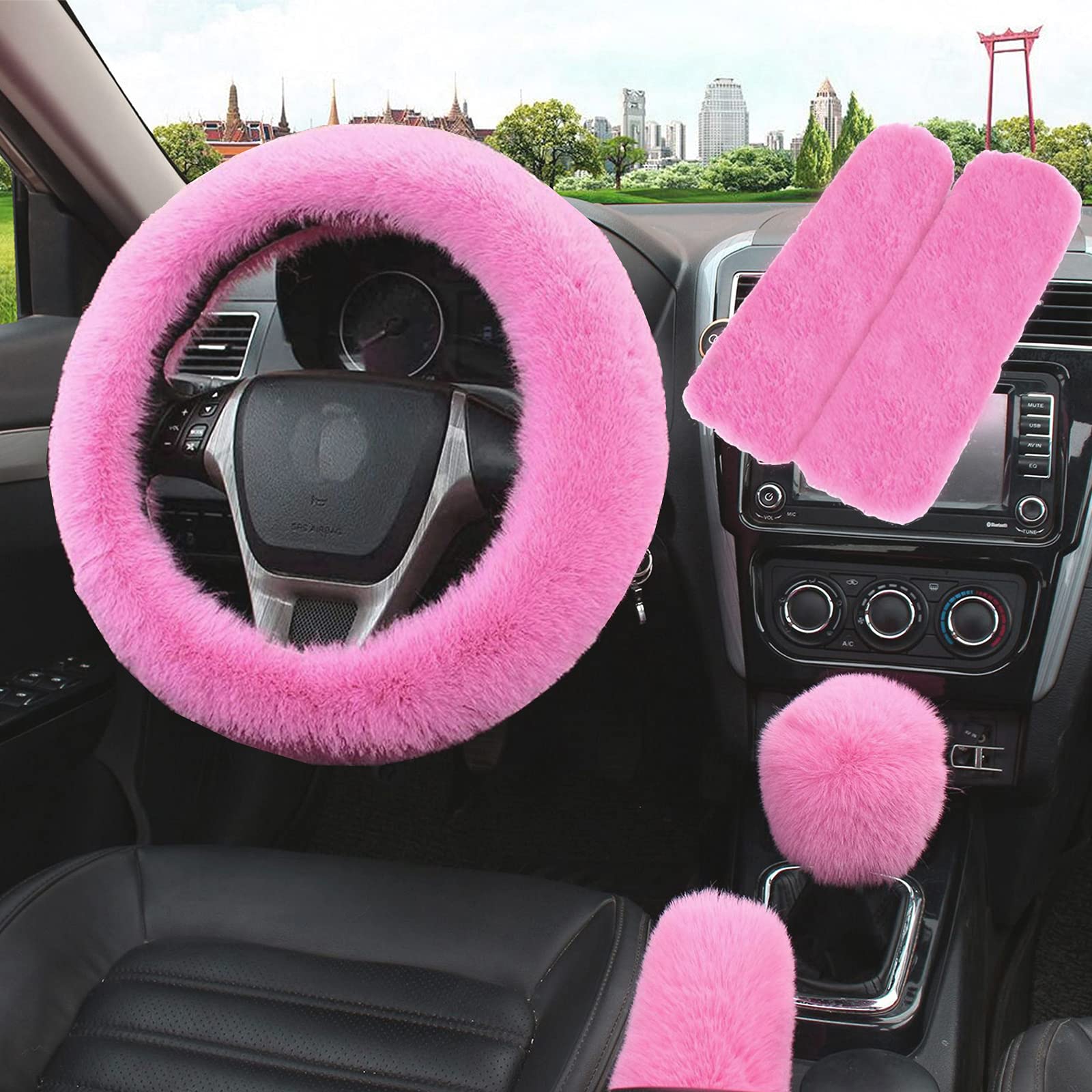 1 Set 5 Pcs Fluffy Steering Wheel Cover & Handbrake Cover & Gear Shift Cover Set & Seat Belt Shoulder Pads Faux Wool Universal Non-Slip Car Interior Accessories -15"(38cm) (Pink)