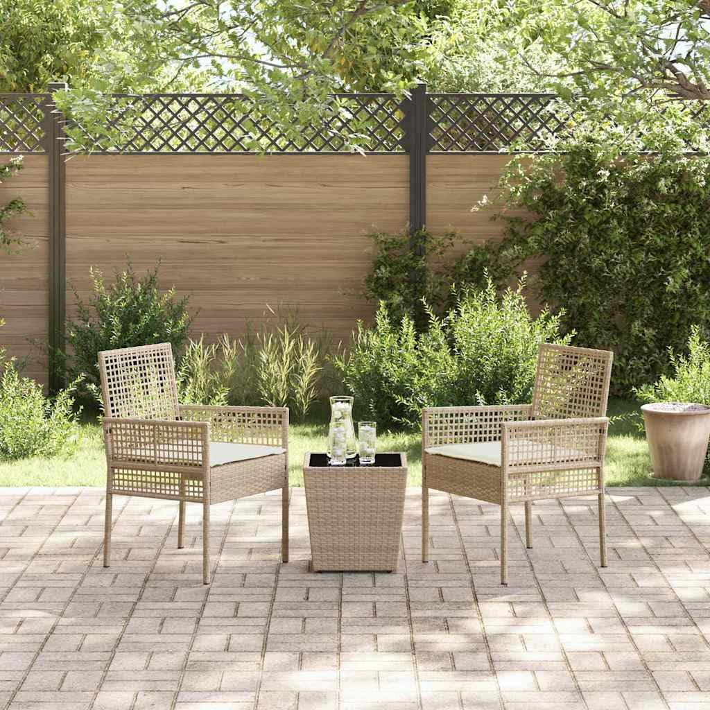 Juego bistró jardín Beige ratán sintético con Mesa Vidrio Templado, 3 Piezas, 2 sillas con Cojines, Ideal terraza Patio Exterior para Descanso y reuniones al Aire Libre