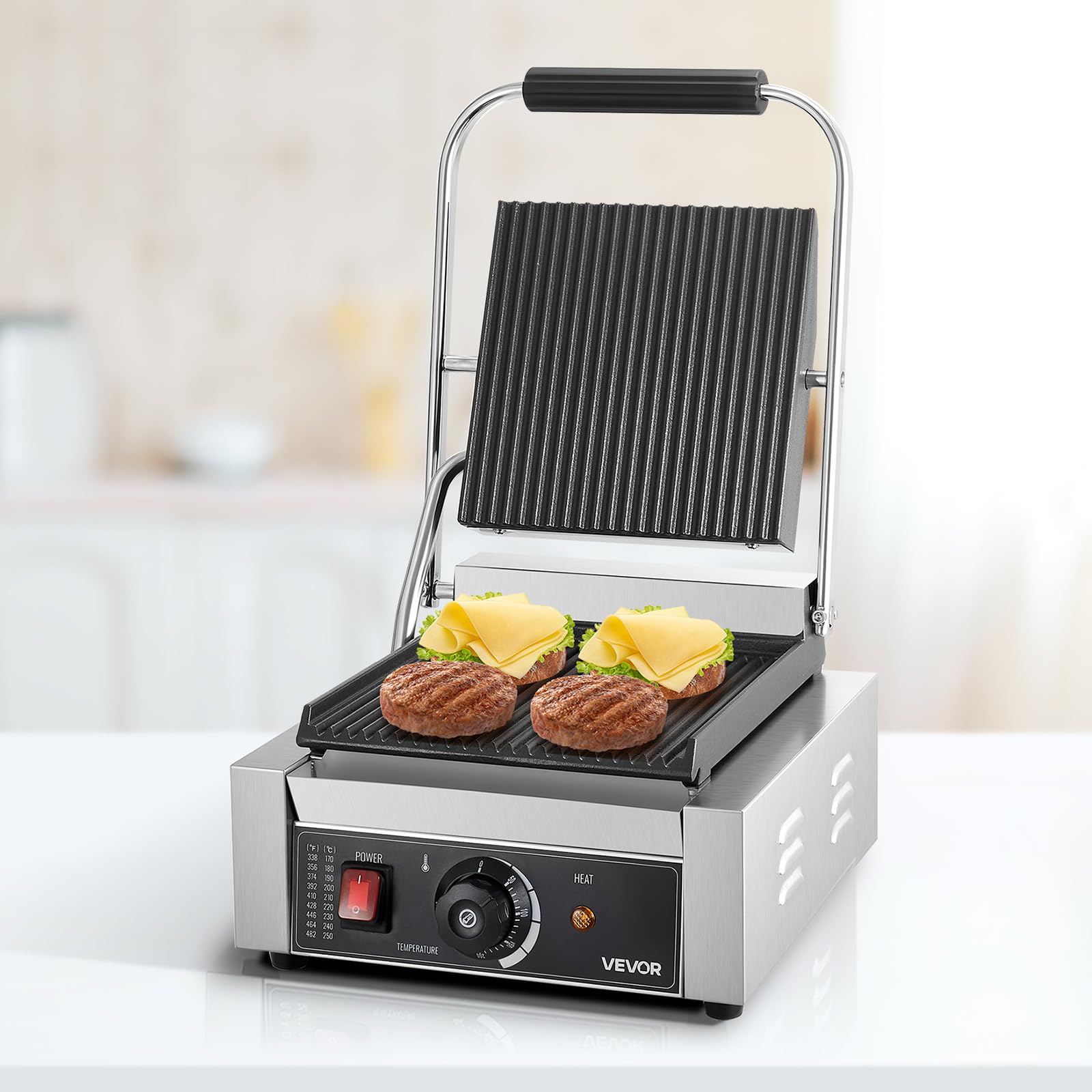 VEVOR Piastra Elettrica per Panini Professionale, 1800 W, in Acciaio Inox con Maniglia e Controllo della Temperatura, Piastra Smaltata Scanalata Piatta da 22 x 23 cm, per Bistecche, Pancetta
