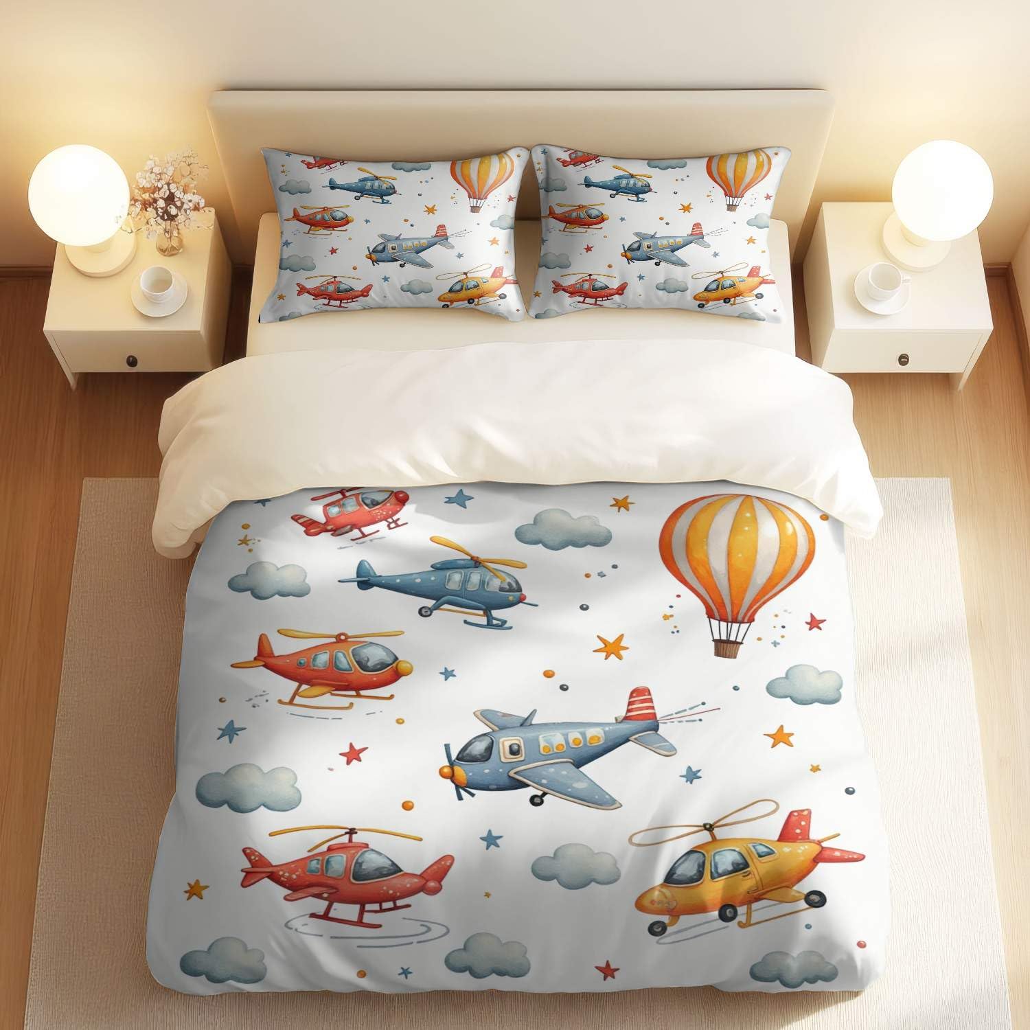 Housse de couette avion coloré King avec 2 taies d'oreiller pour lit enfant