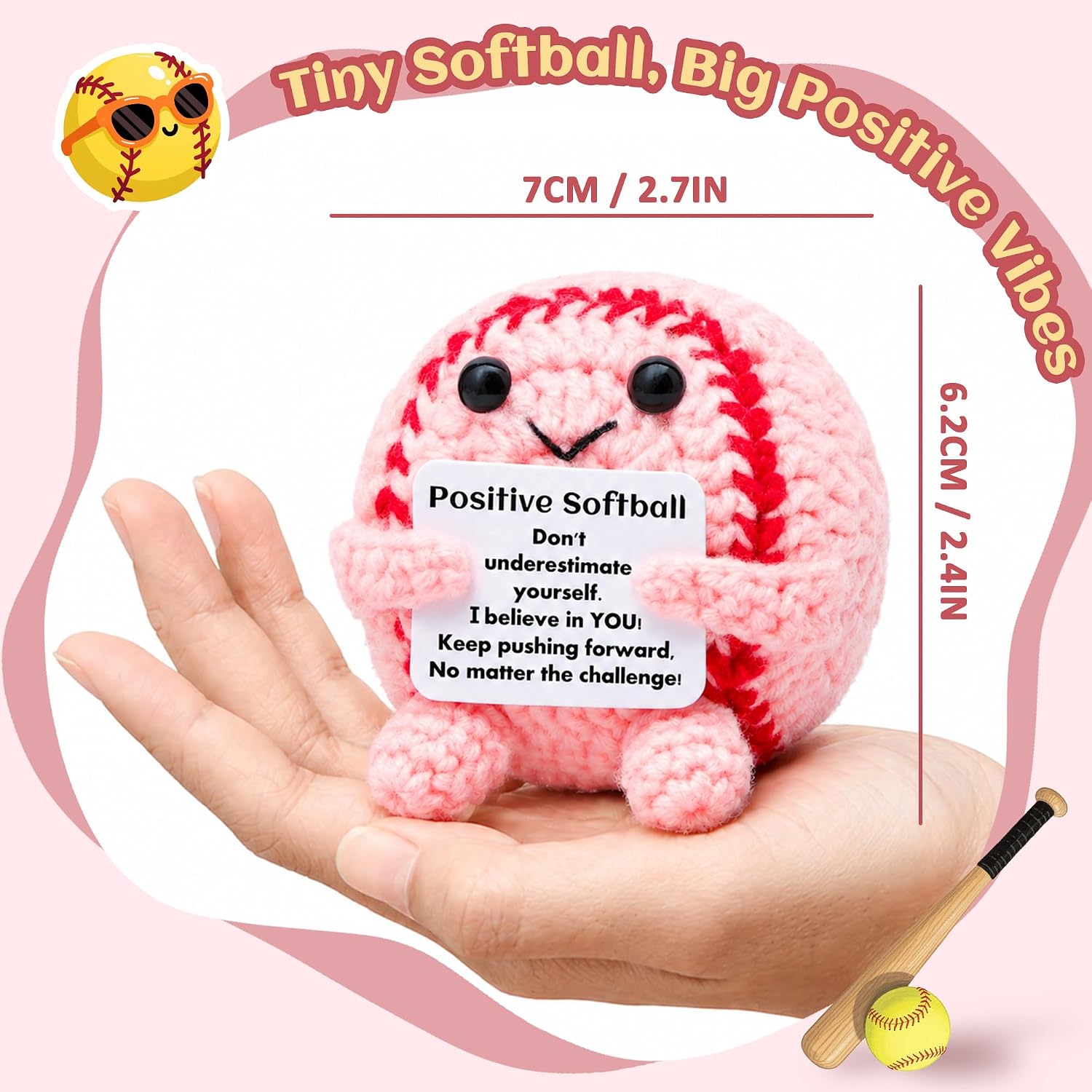 Mini Funny Positive Pink Softball Gifts for Girls, Knitted Wool Softball Crochet Toy with Positive Card, Cute Emotional Support Cheer Up Keepsake Gift for Kids Girls Women Friends Sister College