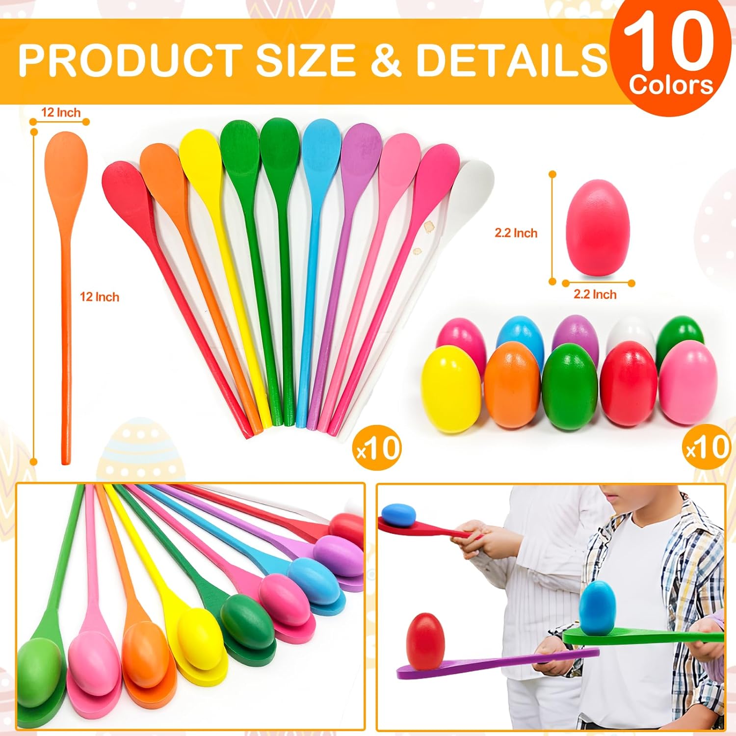 TOPLEE 20 Pcs Easter Egg and Spoon Race Game Set, 10 Players Balance Relay Easter Games Include 10 Eggs and Wooden Spoons for Kids Family Carnival Sports Outdoor Games Holiday Birthday Party Supplies