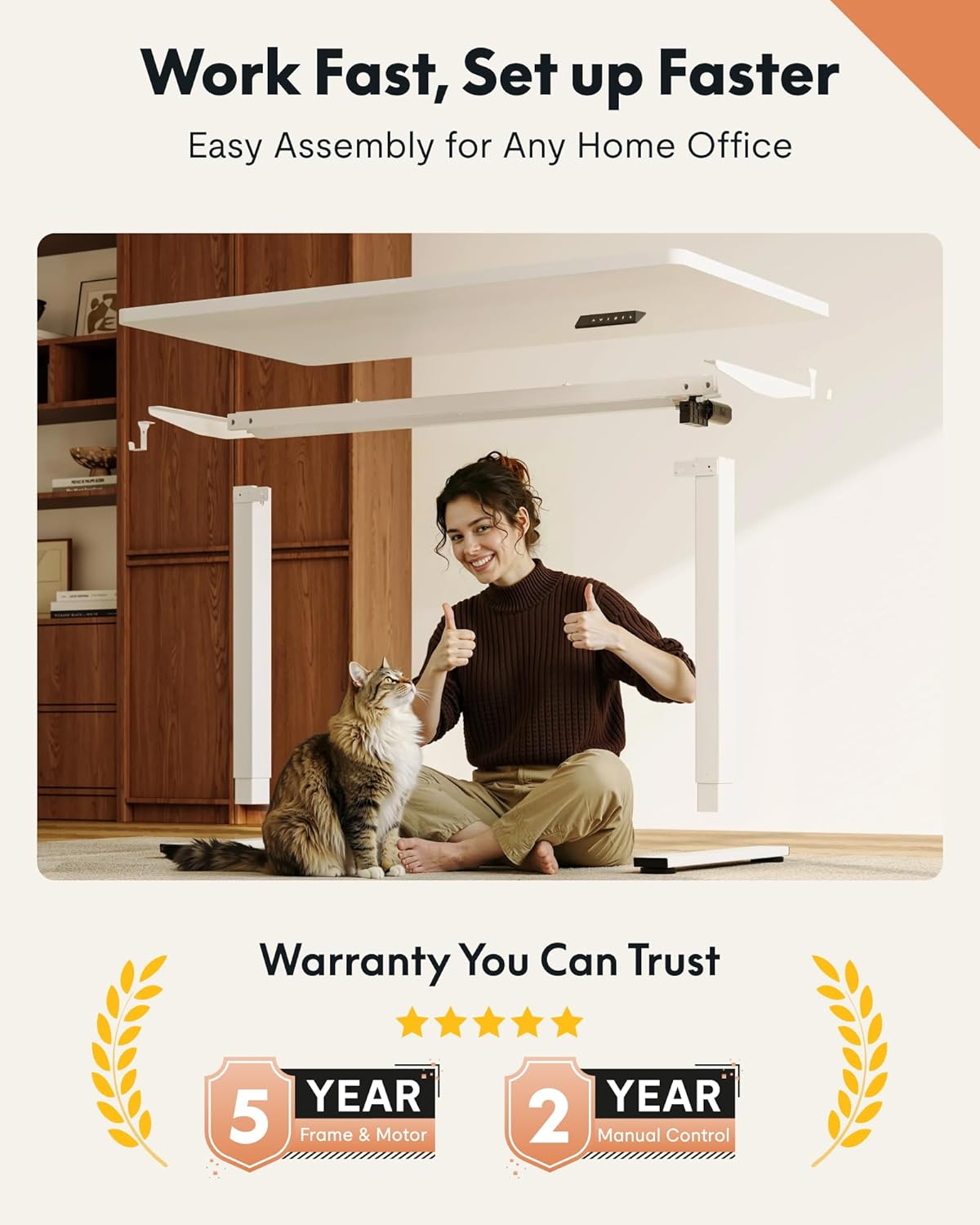 Woman giving a thumbs-up next to a partially assembled FlexiSpot desk, indicating easy and quick setup.