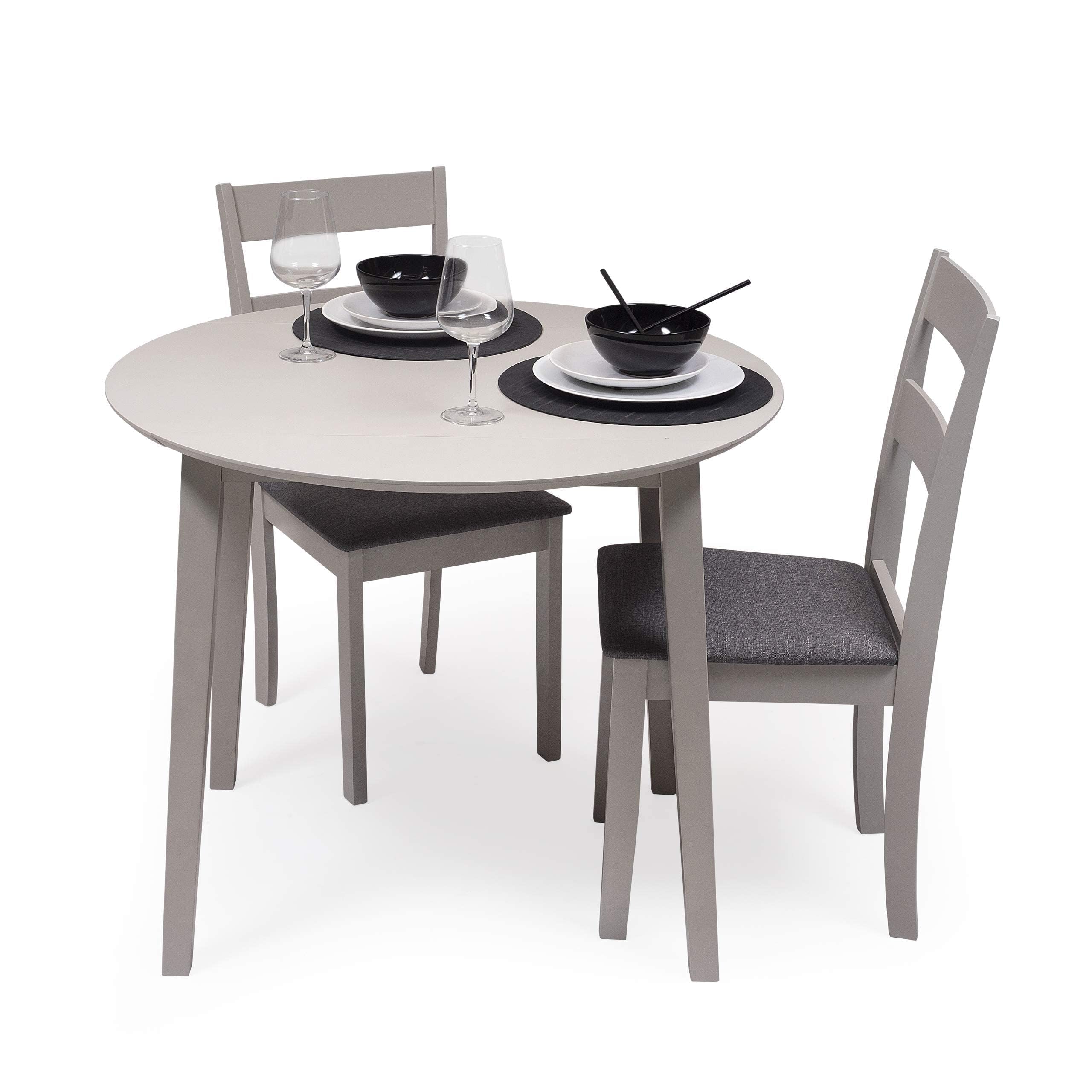 Homely - Conjunto de Comedor Dallas Grey | Mesa de Cocina Redonda Extensible de 90 cm (17,5/55 / 17,5) cm. | Mesa con 2 alas abatibles | 2 sillas de Cocina/Comedor de Madera Lacado en Gris