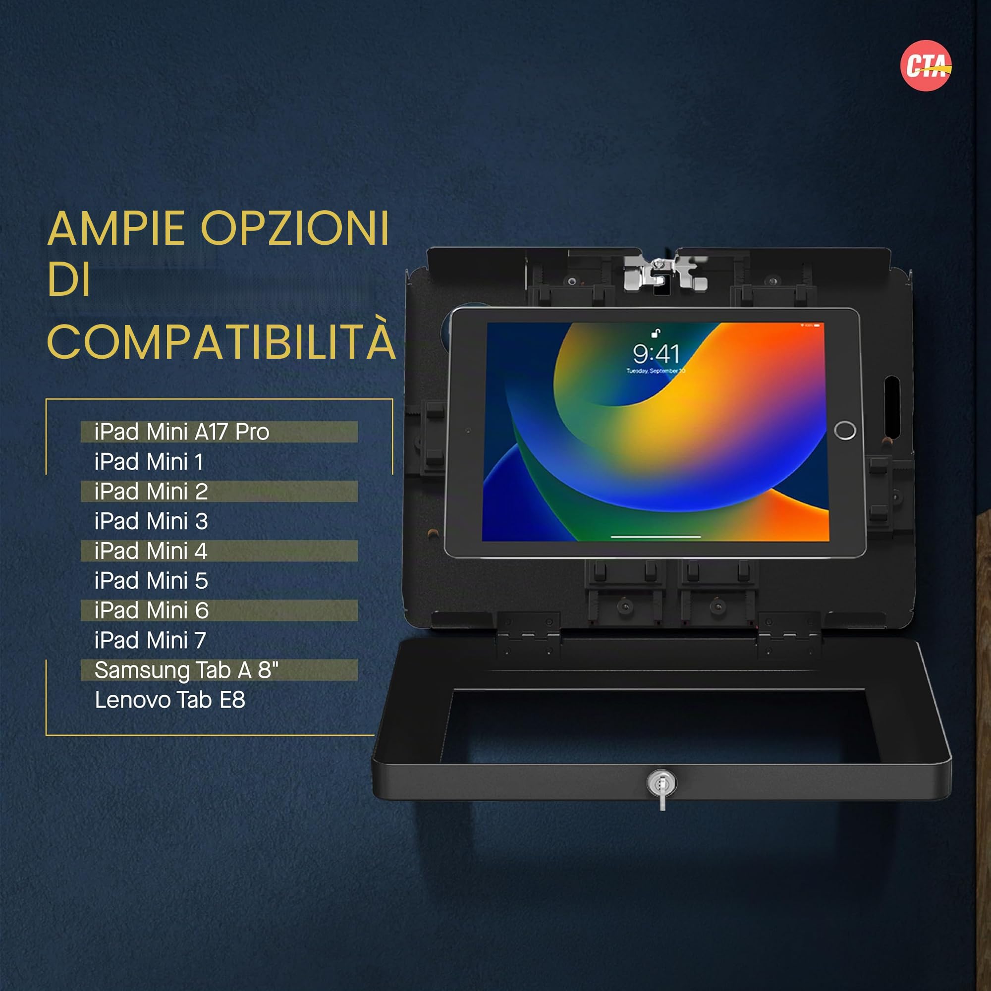 Supporto da parete per iPad Mini 1, 2, 3, 4, 5, 6, 7, Samsung Tab A 8", Lenovo Tab E8, Lenovo Tab E8, nero (PAD-PSWB)