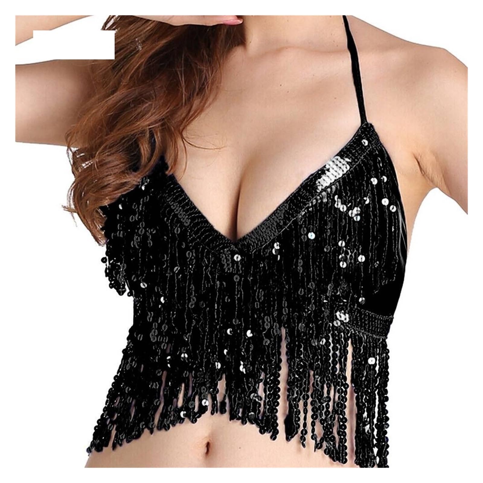 LIUHLFSR Belly Dance Sequin Fringe Top Nightclub Performance Halter Bra Wear Show Costumes for Dancing Carnival Party(Black)