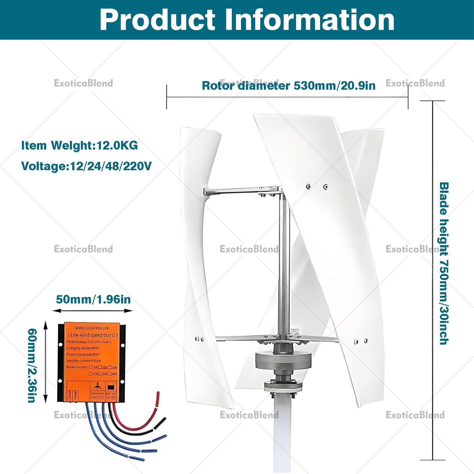 Kit de Generador de Turbina Eólica de 14000 W (12 V - 220 V) — Generador Eólico Portátil con 3 Palas y Controlador, Equipo para Sistemas de Energía Solar y Eólica 24V