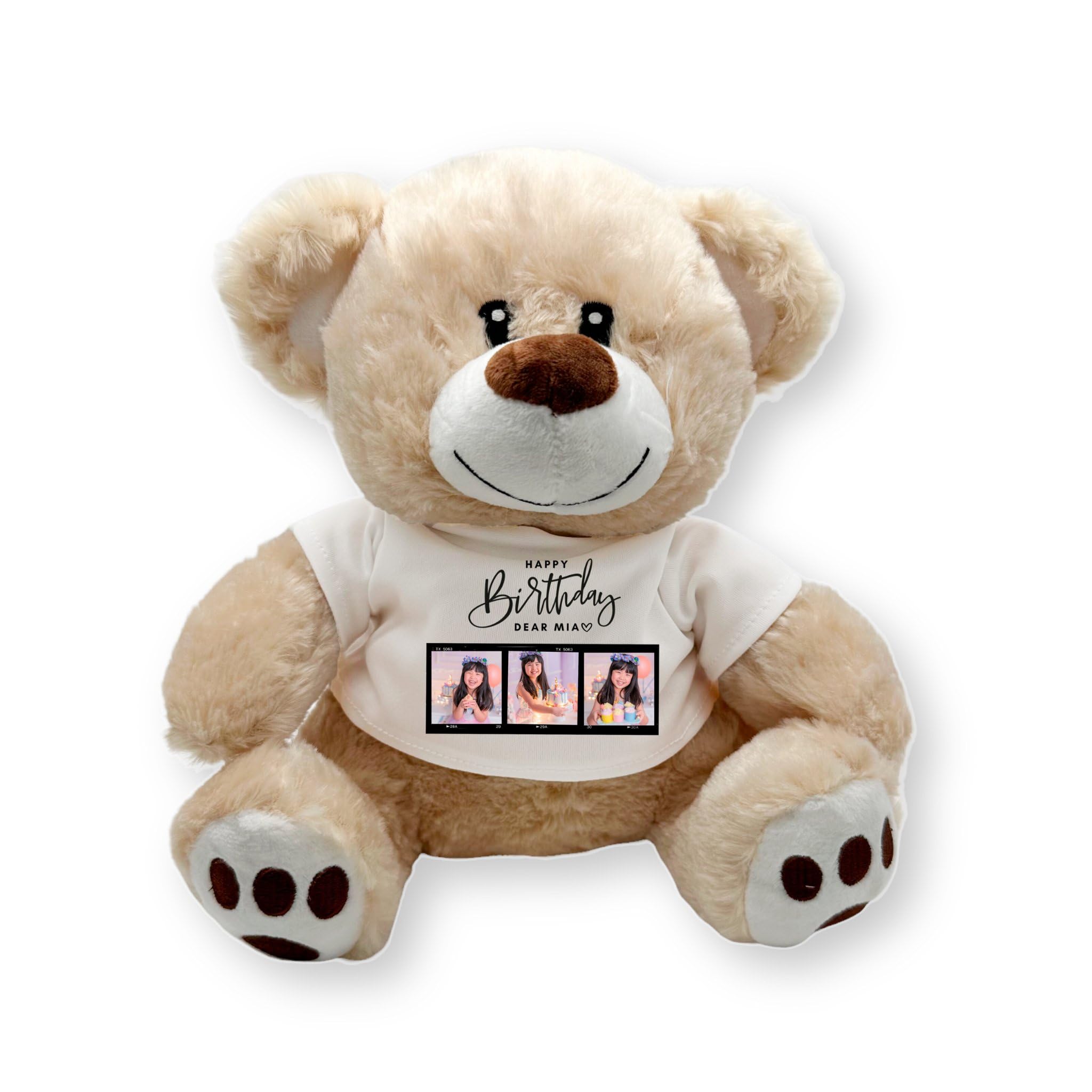 TheDogTagCo PERSONALISED Plush Teddy Bear with Custom PHOTOS & NAME, Soft Birthday Teddy with Polaroid-Style Pics, Handprinted Keepsake Gift