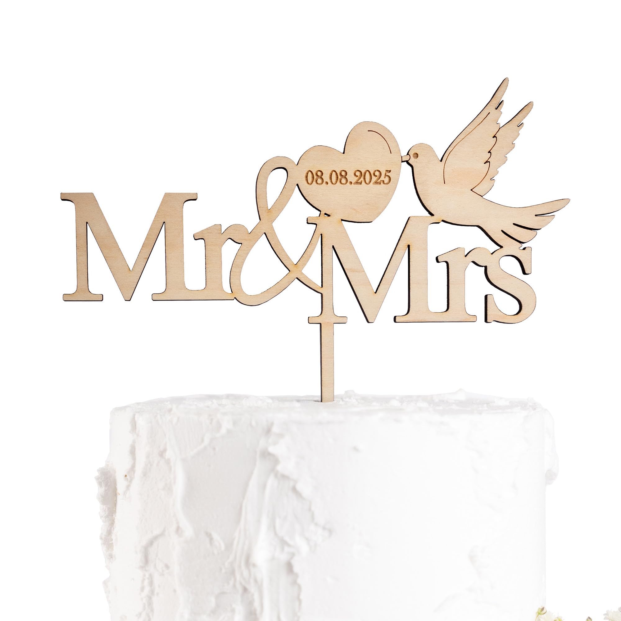 Wooden Wedding Cake Topper, Mr & Mrs Design, 4mm Thick, Rustic Style, Personalisable with Date (Maple)