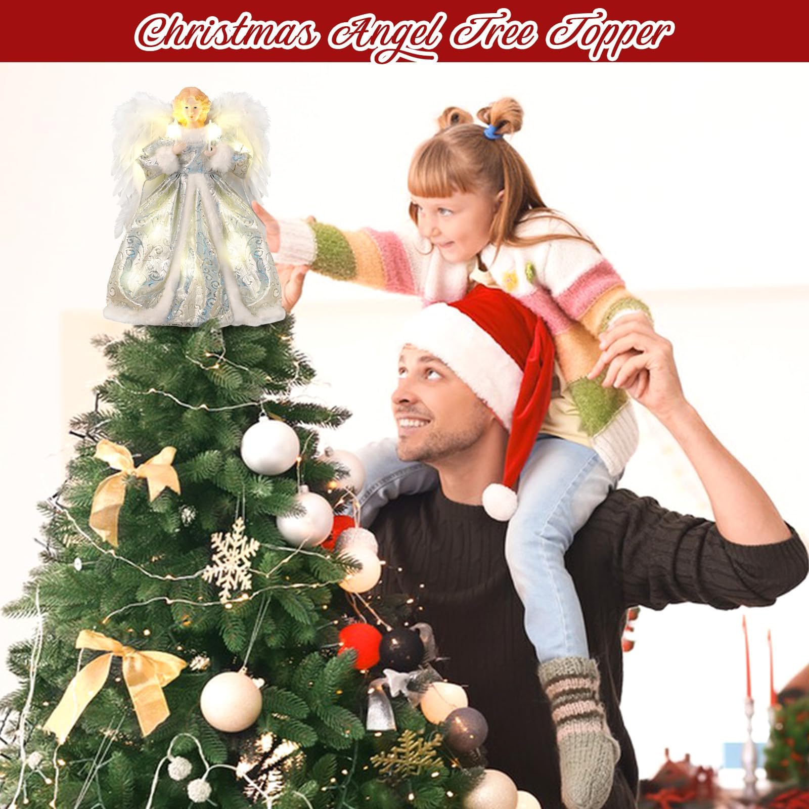 Puntale per albero di Natale a forma di angelo, con luci e telecomando, decorazioni natalizie illuminate, elegante e durevole, perfetto per decorazioni natalizie per la casa e regali, argento, WOKEISE
